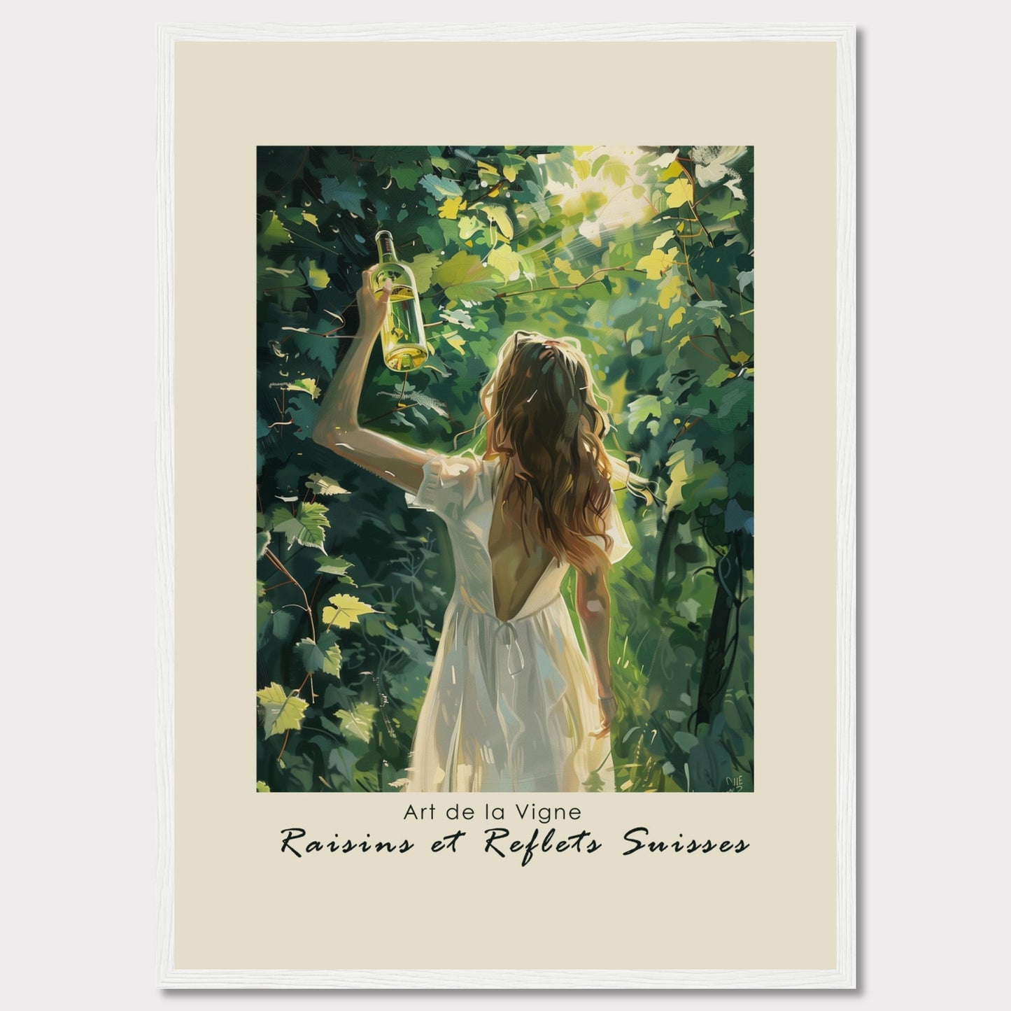 This captivating artwork titled "Art de la Vigne" showcases a woman in a white dress holding up a bottle of wine amidst lush green vines, with sunlight filtering through the leaves. The scene exudes a sense of tranquility and connection with nature.