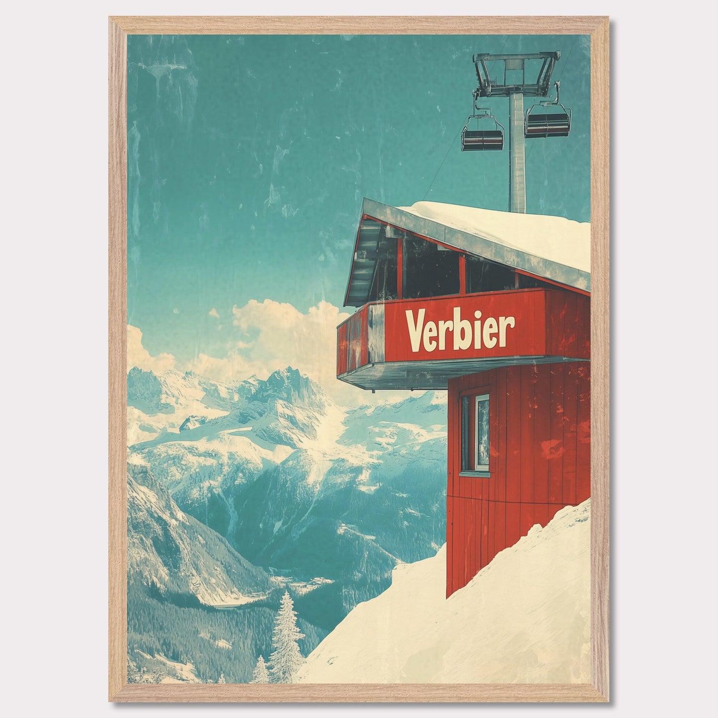 This vintage-inspired poster showcases a modern gondola station perched high above Verbier’s slopes. The gondola’s red cabin stands out against the pristine white snow, with majestic alpine peaks framing the view. The soft blue sky, accented by the vintage design, gives a timeless quality to the image. The simplicity and elegance of the gondola station invite viewers to imagine their own journey up the mountain, surrounded by the beauty of the Swiss Alps.