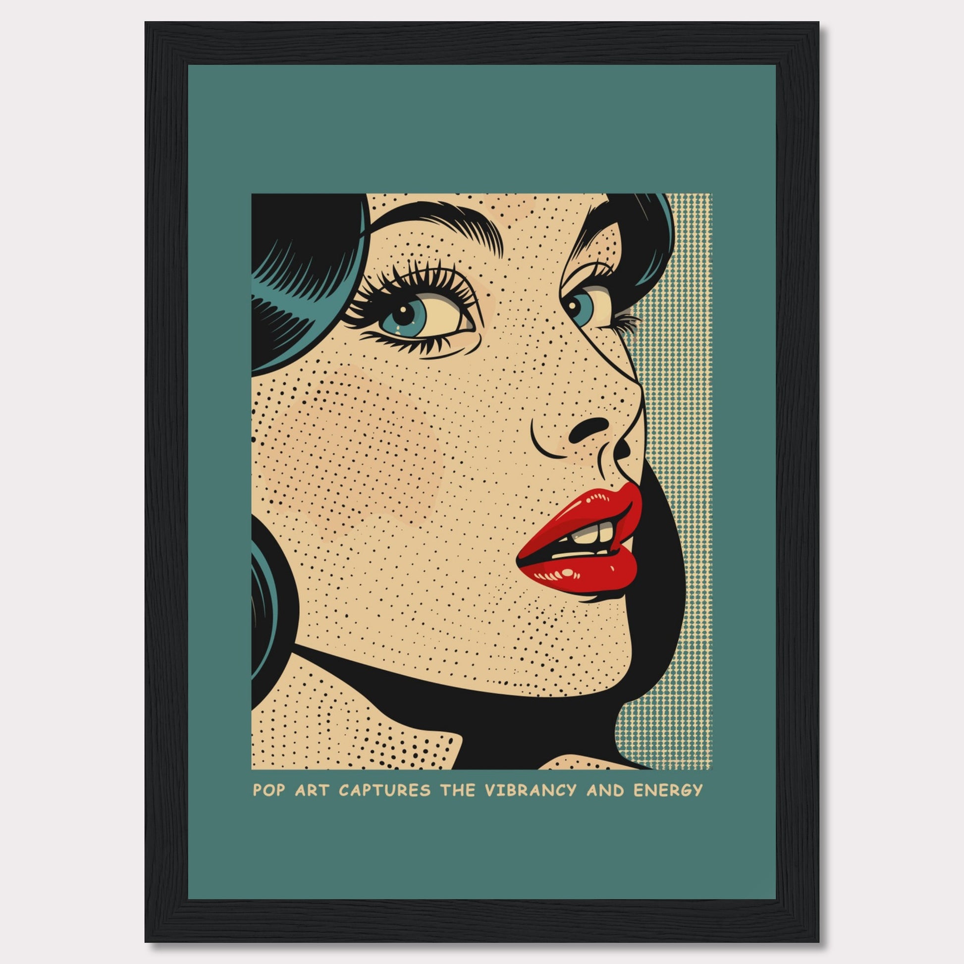 This striking pop art piece features a close-up of a woman's face, characterized by bold lines and vibrant colors. The artwork captures the essence of 1960s pop art with its dotted texture and expressive style.