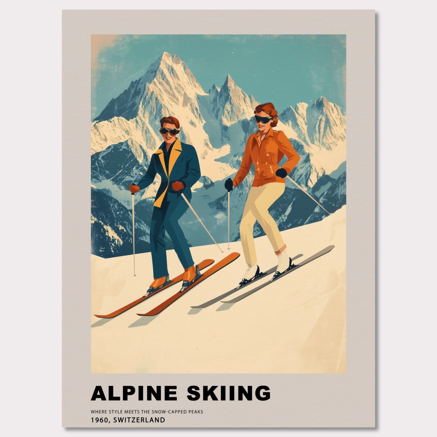 This stunning retro-style poster celebrates the elegance of alpine skiing in Switzerland. Two stylish skiers gracefully glide down the snowy slopes, set against the backdrop of majestic, sunlit peaks. The vintage color palette and mid-century design highlight the timeless charm and sophistication of the alpine experience, making it a celebration of both sport and scenery.