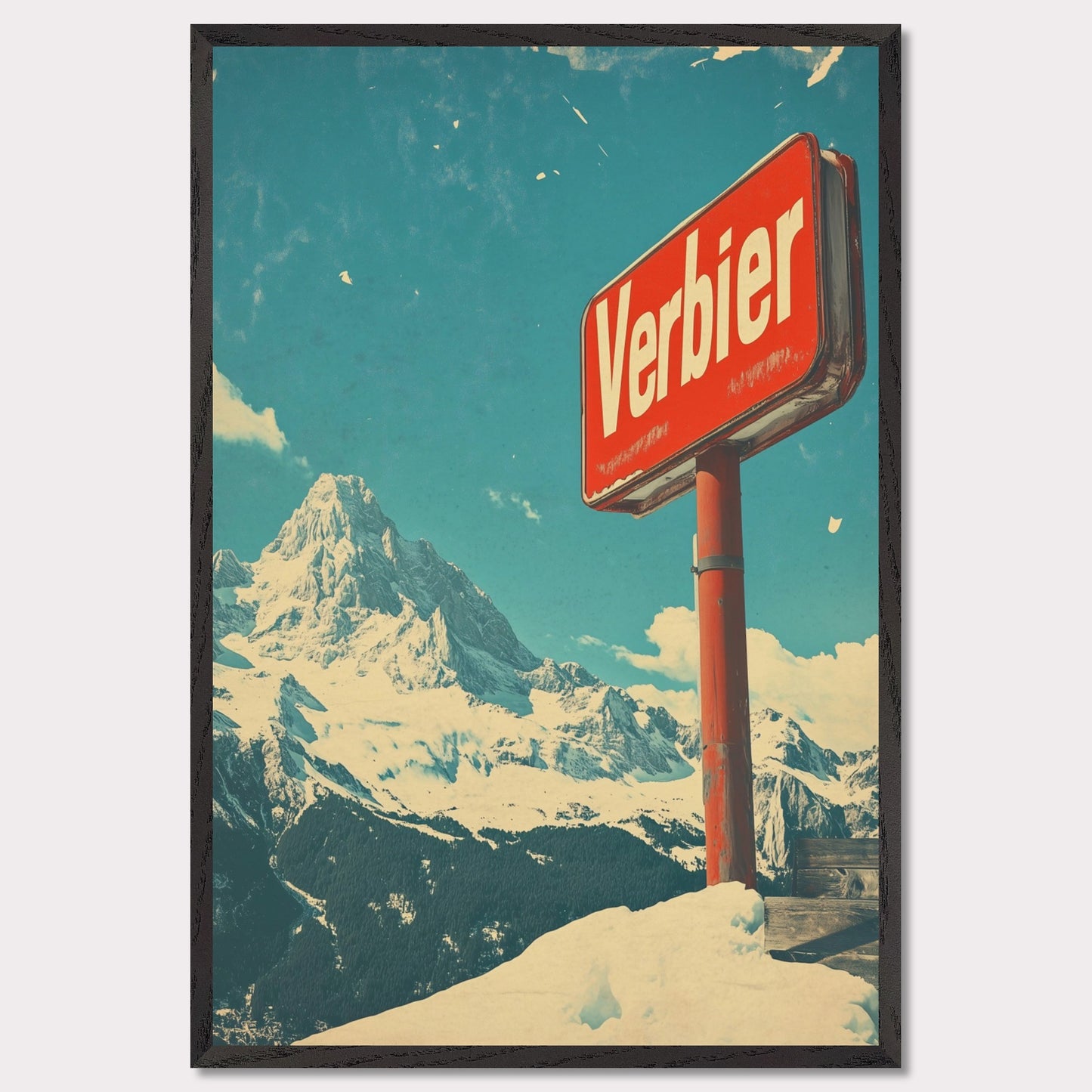 This striking retro-style poster showcases the iconic "Verbier" sign against the backdrop of towering snow-covered peaks and a bright blue sky. The rustic sign, partially worn by time, perfectly complements the expansive, untouched wilderness of the Swiss Alps. The vintage color palette and texture evoke a sense of nostalgia, capturing the allure of Verbier as a timeless destination for adventure and escape into nature’s beauty.