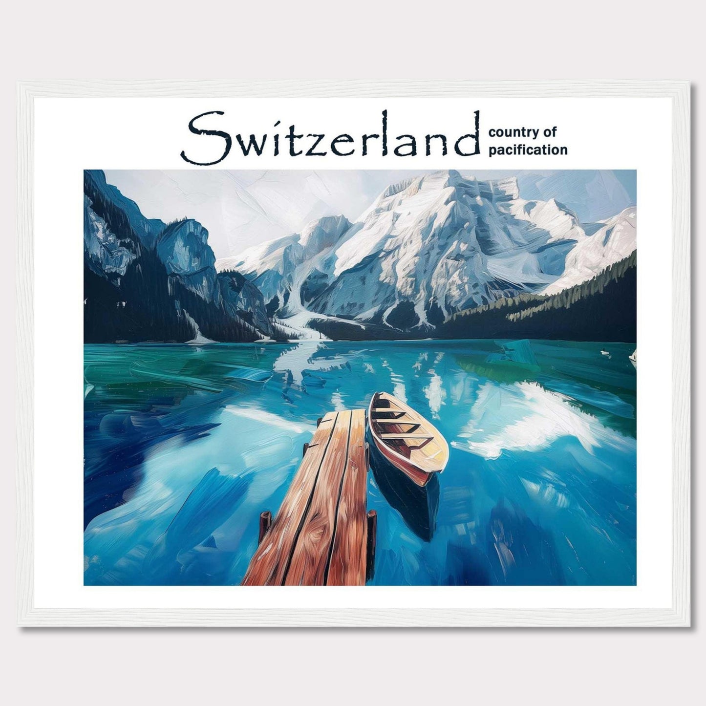 This image showcases a serene lake in Switzerland, surrounded by majestic snow-capped mountains. A wooden dock extends into the calm, reflective waters, where a lone boat is moored. The scene is tranquil and inviting, epitomizing the peacefulness of the Swiss landscape.