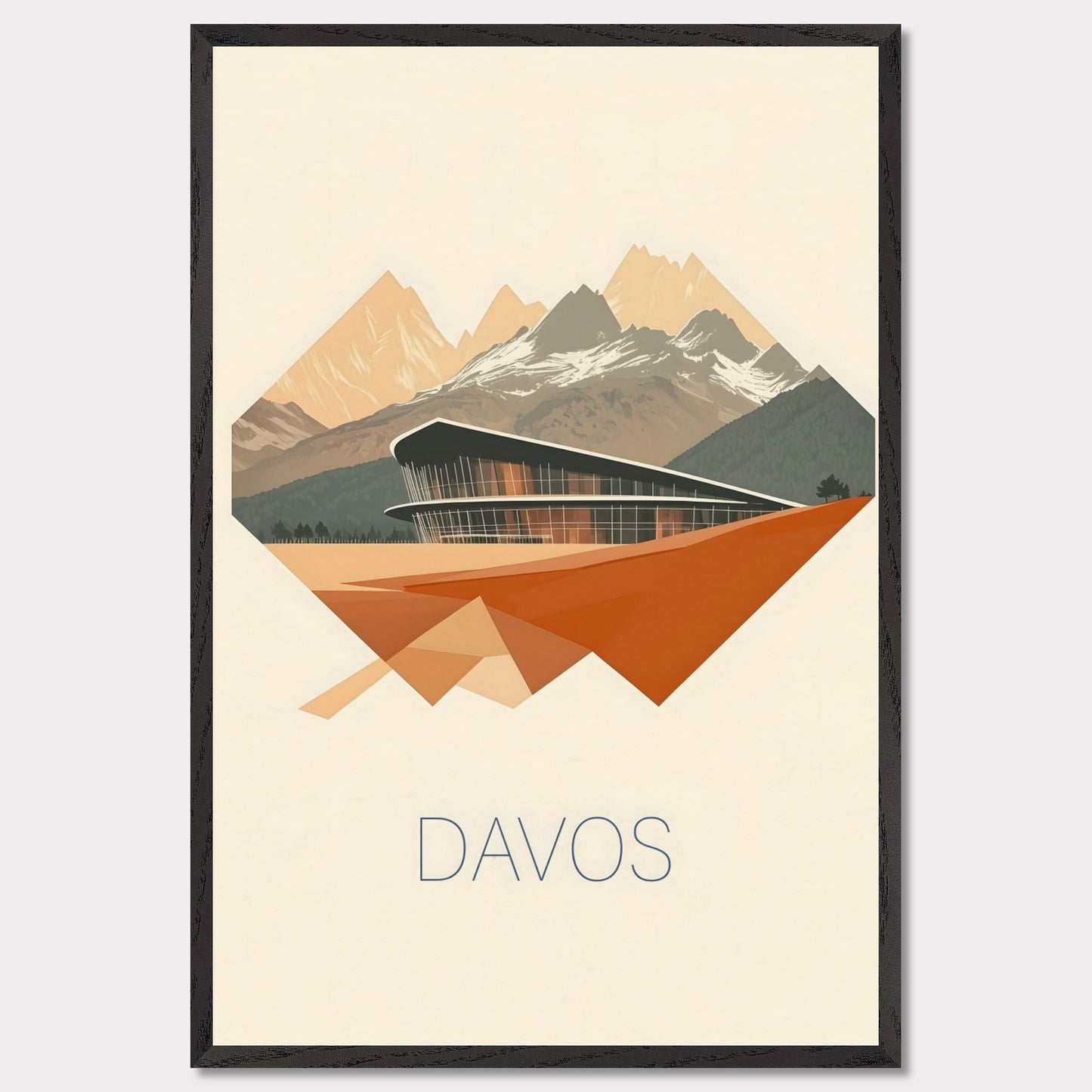 A visually striking poster featuring Davos’ futuristic architecture, integrated into an angular, geometric design. The sharp lines and warm earth tones contrast with the cool mountain backdrop, creating a bold, dynamic effect.