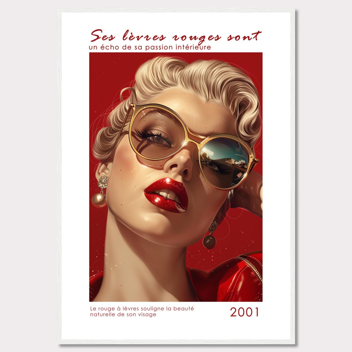 This captivating image features a glamorous woman with bold red lipstick, exuding confidence and allure. Her stylish sunglasses and elegant earrings add to her sophisticated look. The background is a striking red, enhancing the overall intensity of the image.