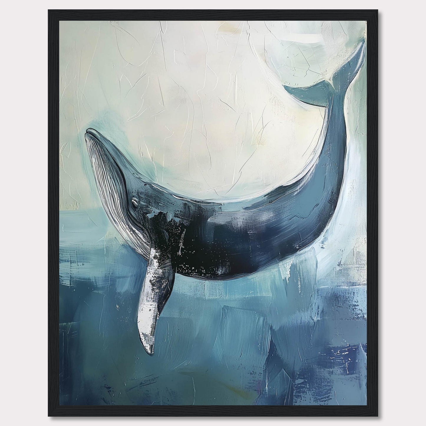 This image showcases a stunning painting of a whale gracefully swimming in the ocean. The artwork captures the serene beauty and majesty of the whale, set against a backdrop of soothing blue and white hues. The texture and brushstrokes add depth and movement to the piece, making it an eye-catching addition to any space.