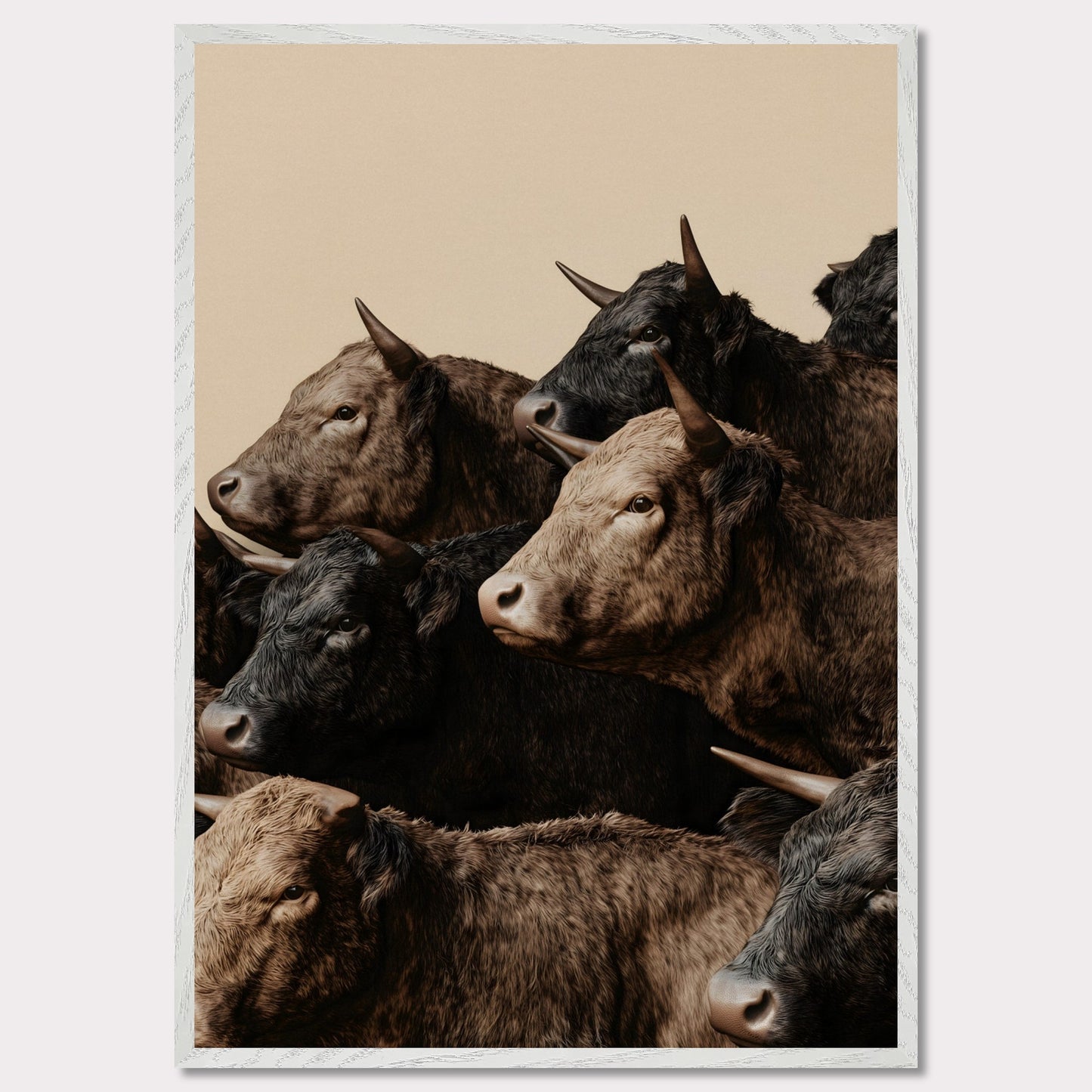 This illustration depicts a group of oxen with varying shades of brown and black fur, closely packed together against a plain beige background.

This poster will fit well in rustic or farmhouse-style interiors, animal-themed spaces, or art collections focusing on wildlife.