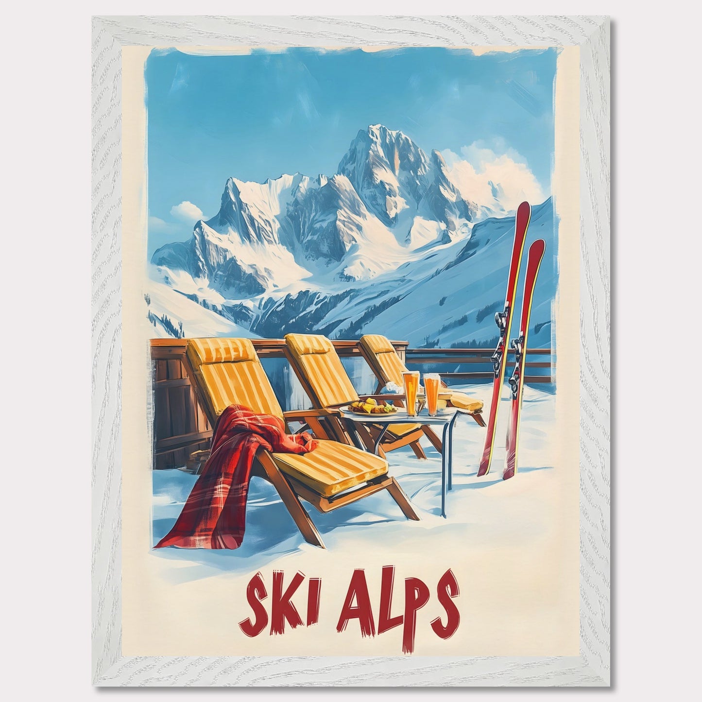 This vibrant poster captures the joy of a sunlit winter day in the Alps. Relaxation takes center stage with inviting lounge chairs draped in cozy blankets, complemented by refreshing beverages and a mountain backdrop that stretches into the clear blue sky.