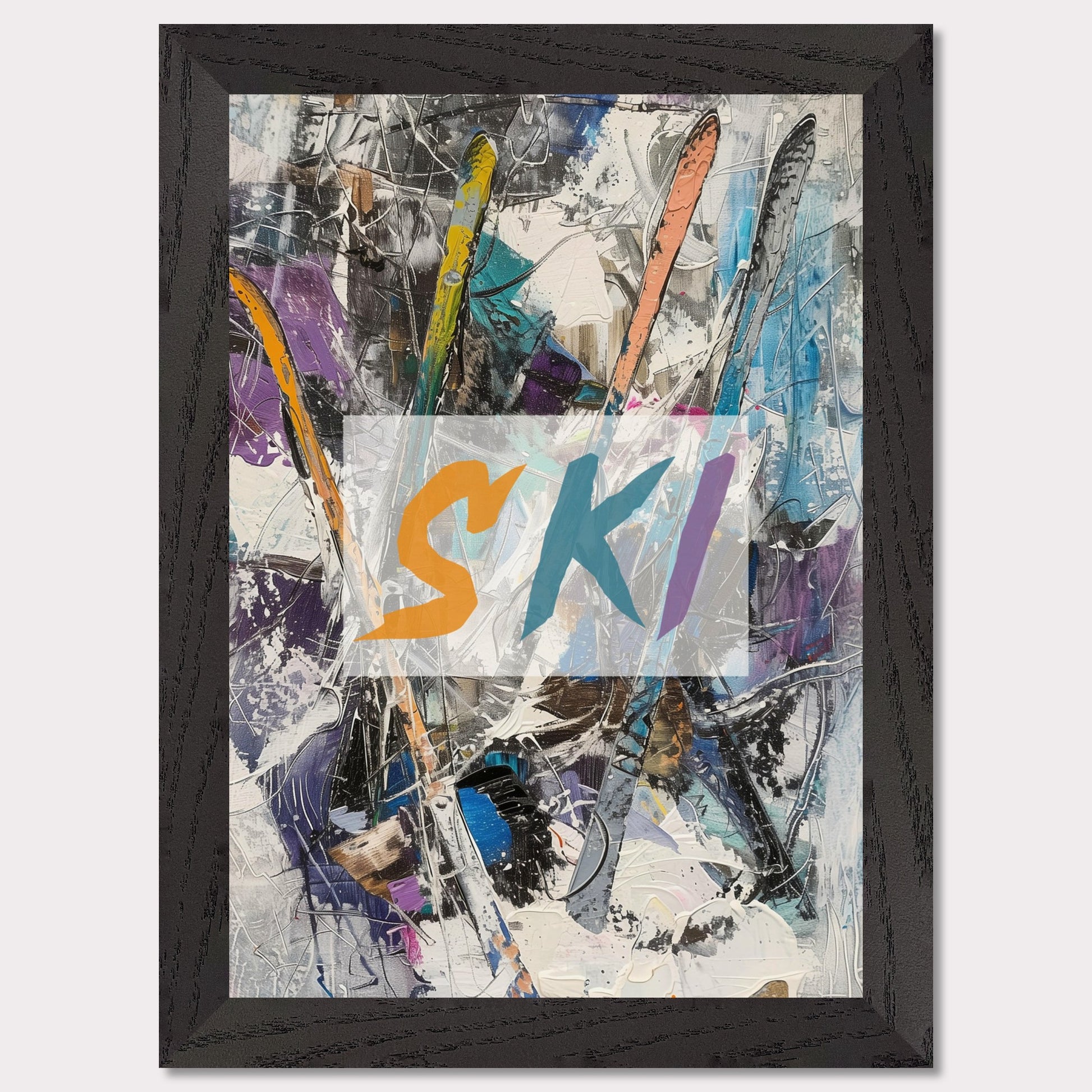 This vibrant artwork showcases an abstract composition featuring colorful ski elements. The word "SKI" is prominently displayed in bold, dynamic letters across the center. The background is a chaotic mix of brushstrokes and textures, creating a sense of movement and energy.