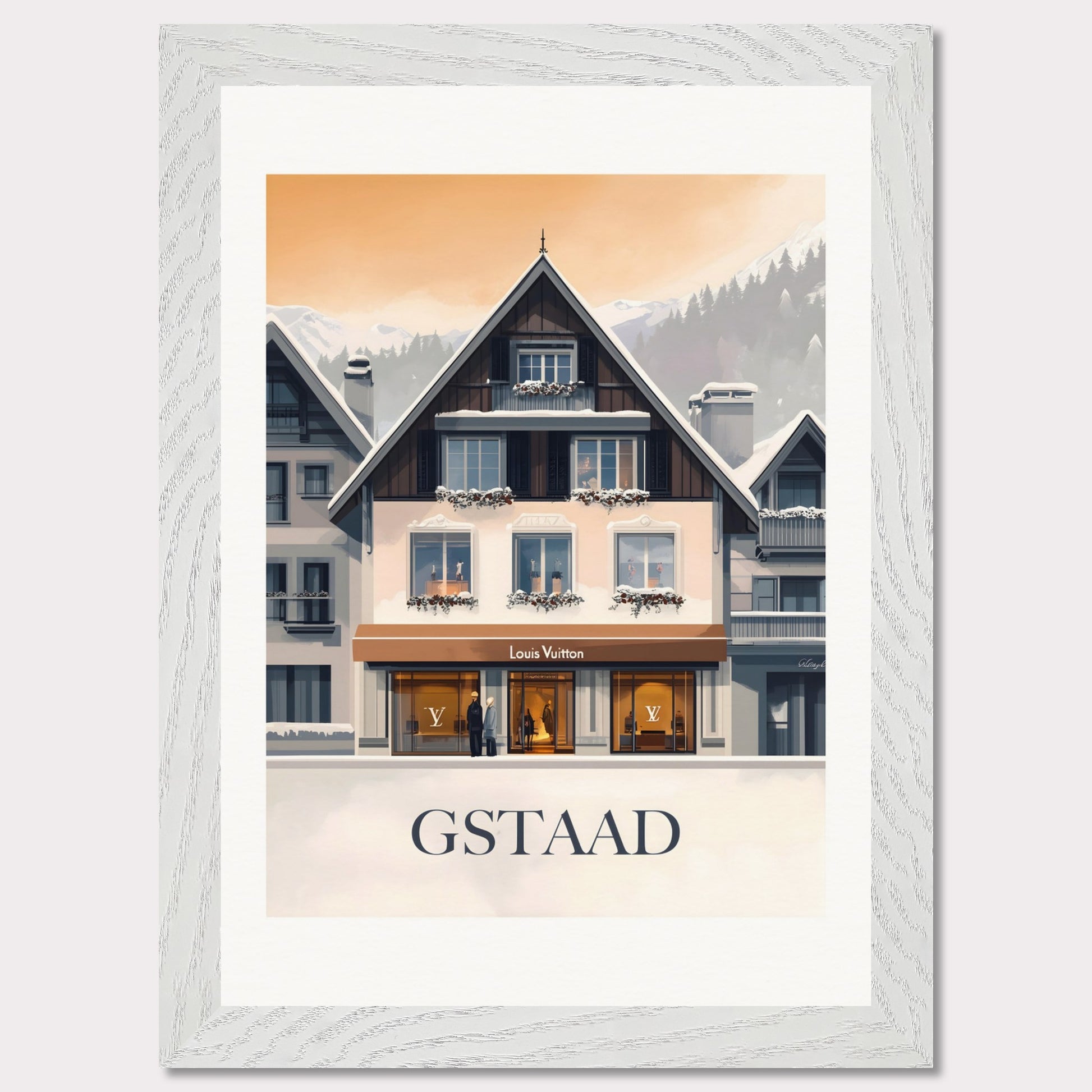 A chic and stylish poster showcasing a luxury boutique in Gstaad, framed by elegant alpine architecture. The blend of modern sophistication and traditional Swiss charm creates a timeless appeal.