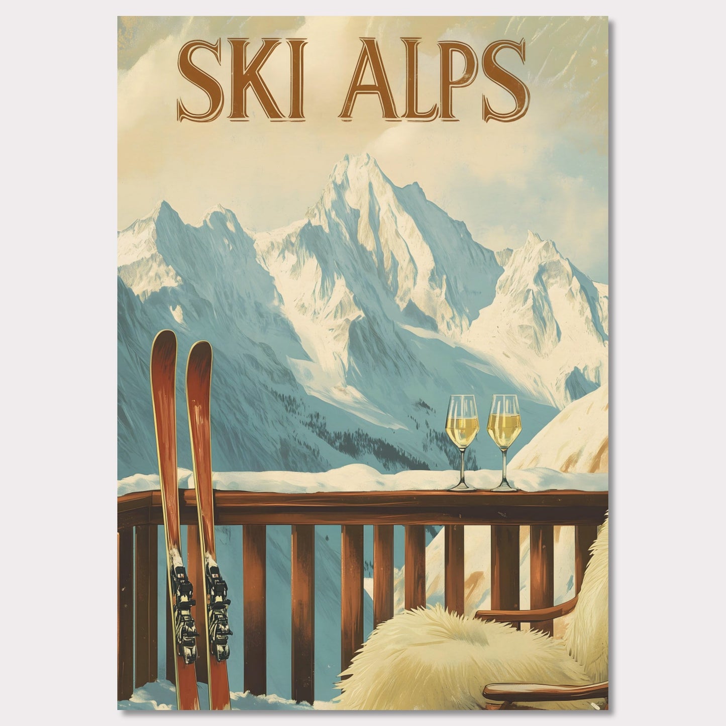 This soothing poster transports you to a tranquil alpine terrace with a breathtaking view of snow-covered peaks. A wooden chair draped in soft fur and paired with two glasses of sparkling wine sets the tone for a peaceful and intimate winter retreat.