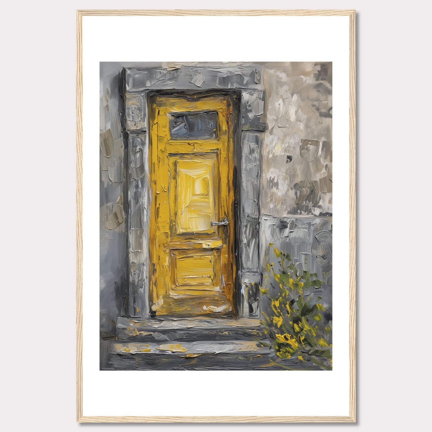 This image showcases a beautiful painting of a vibrant yellow door set within a textured, weathered stone wall. The artwork captures the rustic charm and character of an old building, with hints of greenery peeking through at the bottom right corner.