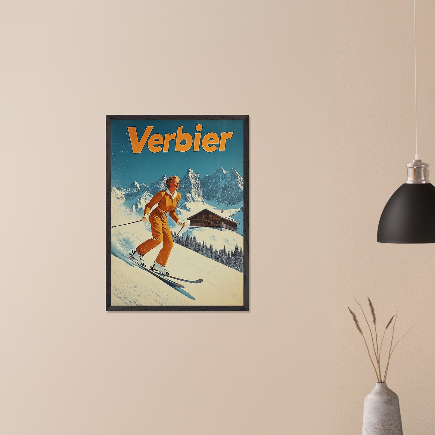 This vibrant retro poster features a cheerful skier dressed in a classic orange ski outfit, gliding down the pristine slopes of Verbier. Behind her, a picturesque alpine chalet sits amidst snow-covered peaks, with a bright blue sky completing the idyllic scene. The bold typography and clean lines enhance the nostalgic charm, inviting viewers to experience the joys of skiing in Verbier.