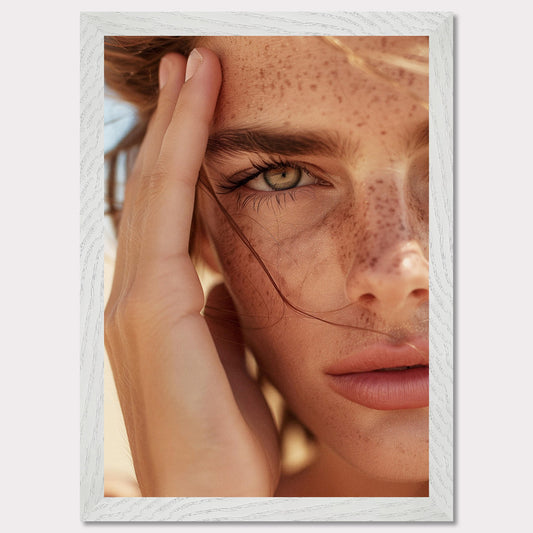 This captivating close-up portrait showcases the natural beauty of a person with freckles and an intense gaze.