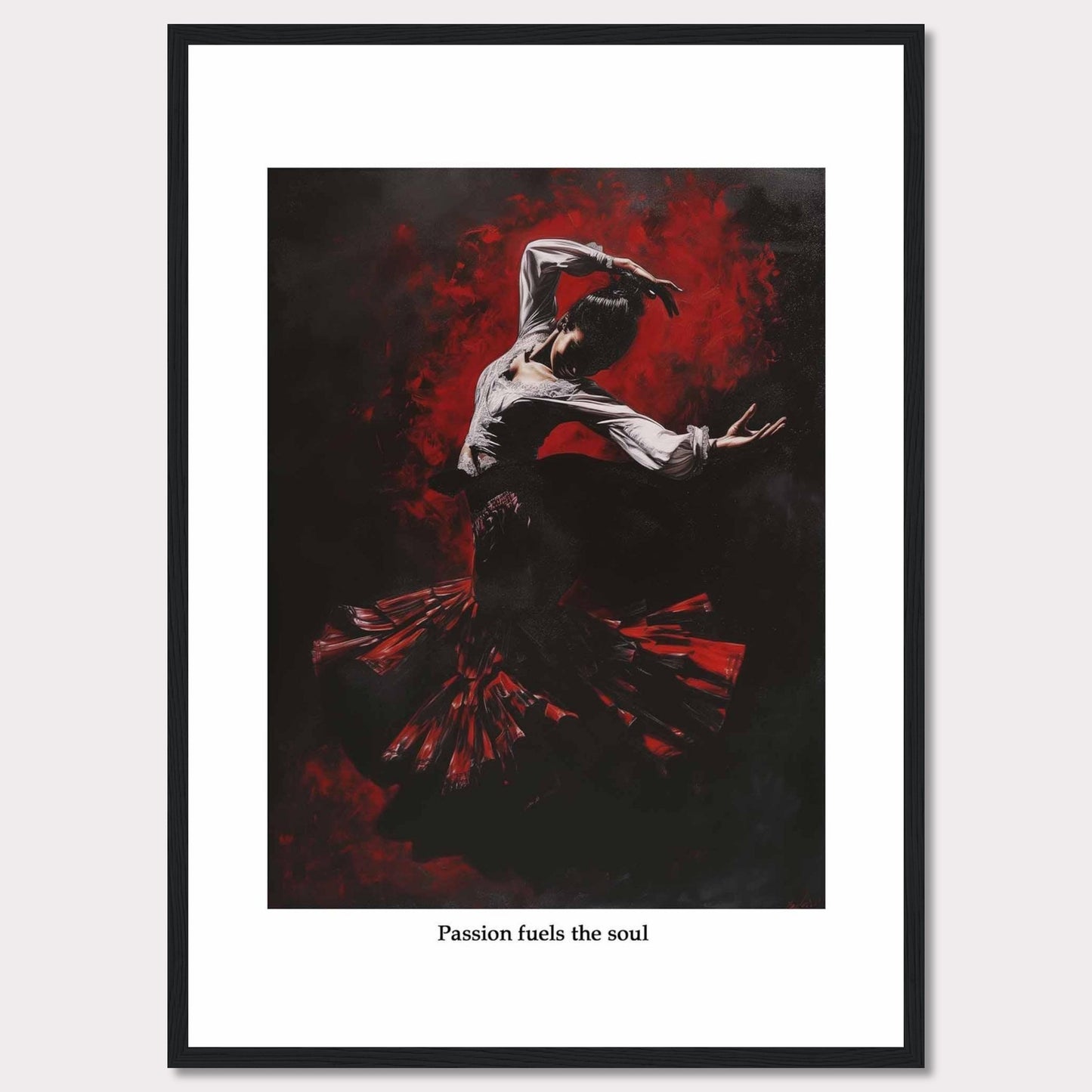 This captivating image depicts a flamenco dancer enveloped in a swirl of red and black, showcasing the intensity and passion of the dance. The dancer's expressive pose and flowing costume create a dynamic and powerful visual impact.