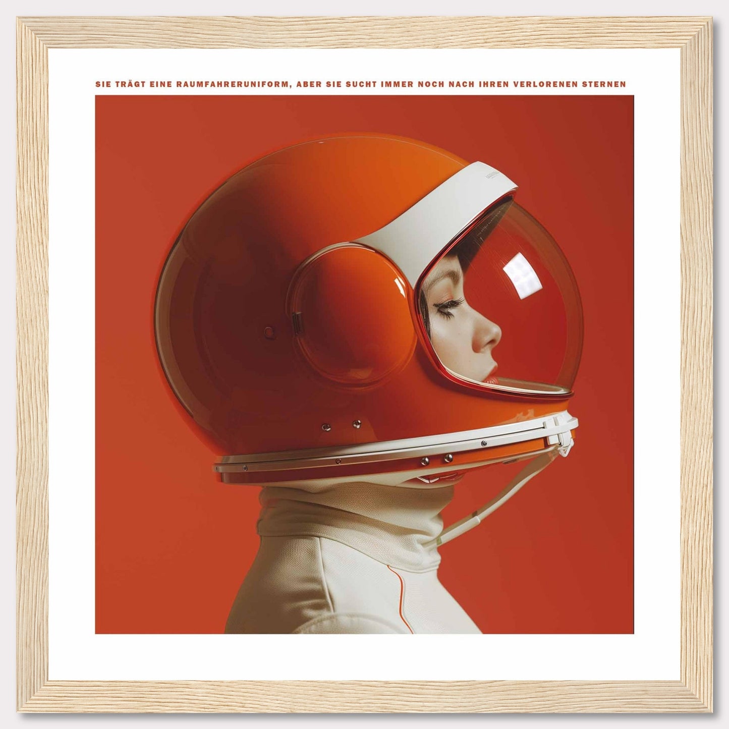 This striking image features a person wearing a vibrant orange astronaut helmet, set against a matching orange background. The profile view captures a sense of contemplation and exploration.