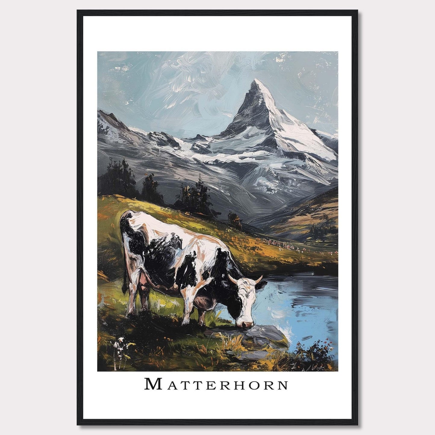 This captivating artwork captures the serene beauty of the Matterhorn with a cow grazing by a tranquil lake in the foreground. The majestic snow-capped peak stands tall against a clear sky, surrounded by lush greenery and reflective waters.