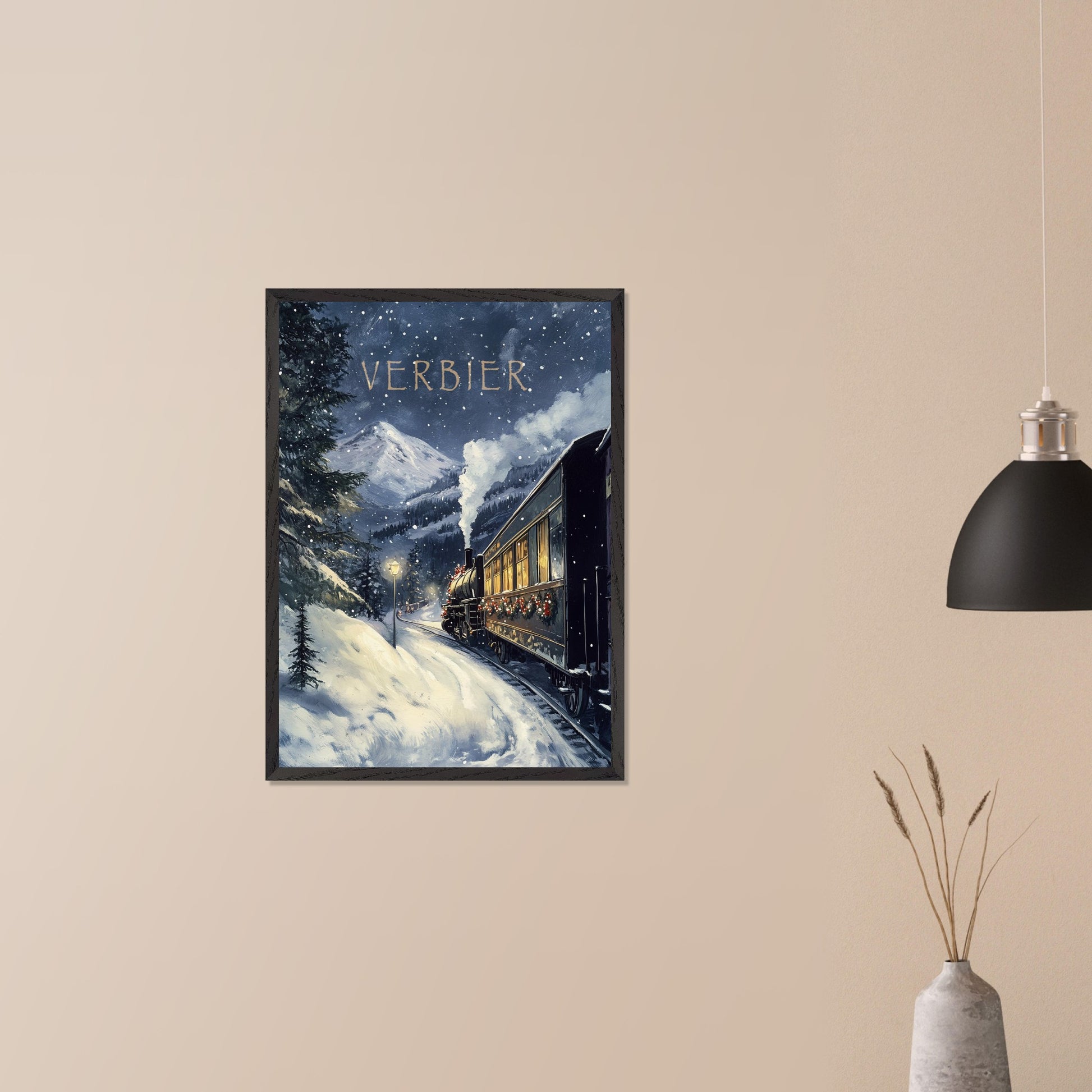 This charming, vintage-inspired poster transports you to a winter wonderland in Verbier, as a steam train adorned with festive decorations winds its way through a snowy mountain landscape. The warm glow from the train’s windows contrasts beautifully with the cool, snowy surroundings, creating a nostalgic and inviting atmosphere. The gentle snowfall and the towering mountain peaks in the background complete the serene yet adventurous feel of this picturesque winter journey.