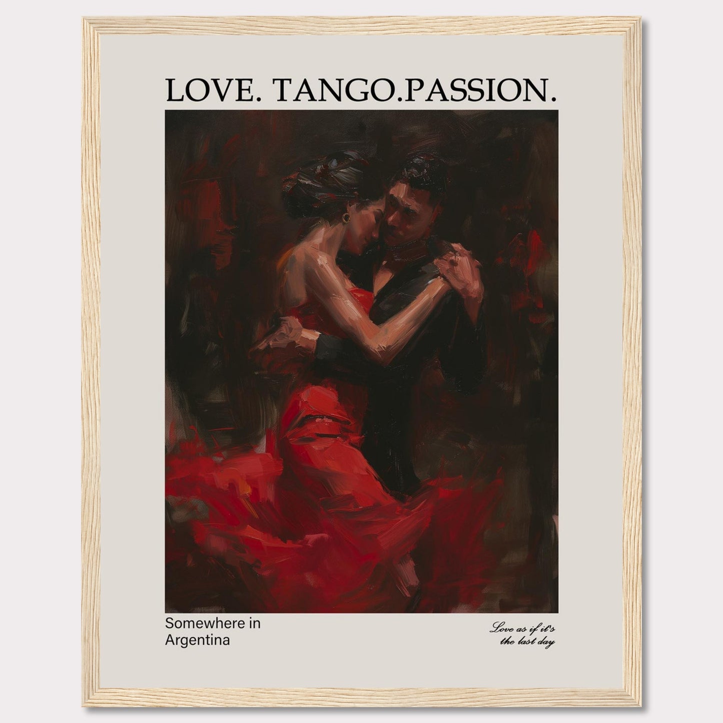 This captivating poster showcases a passionate tango dance between a couple, enveloped in deep red and black hues.