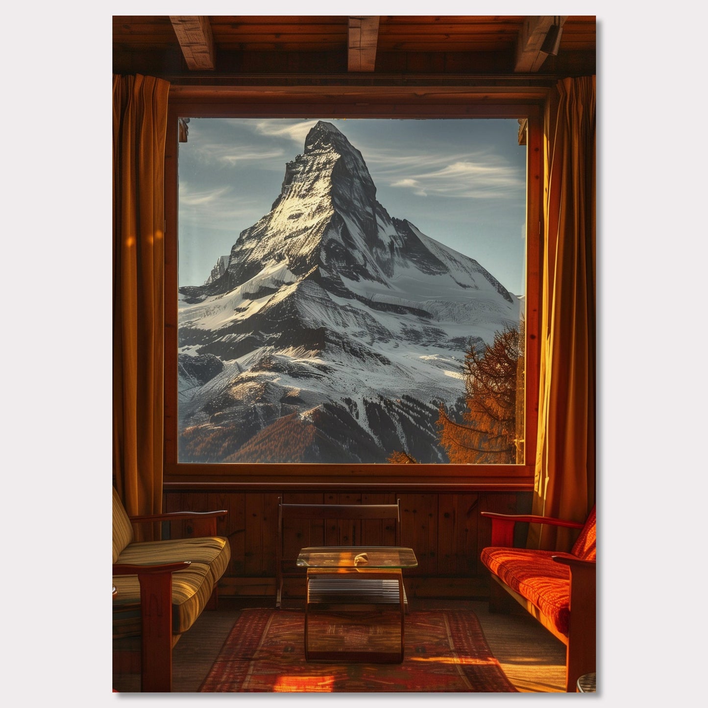 This stunning image captures a breathtaking view of a snow-capped mountain through a large window from a cozy wooden cabin. The warm interior contrasts beautifully with the majestic, cold mountain outside.