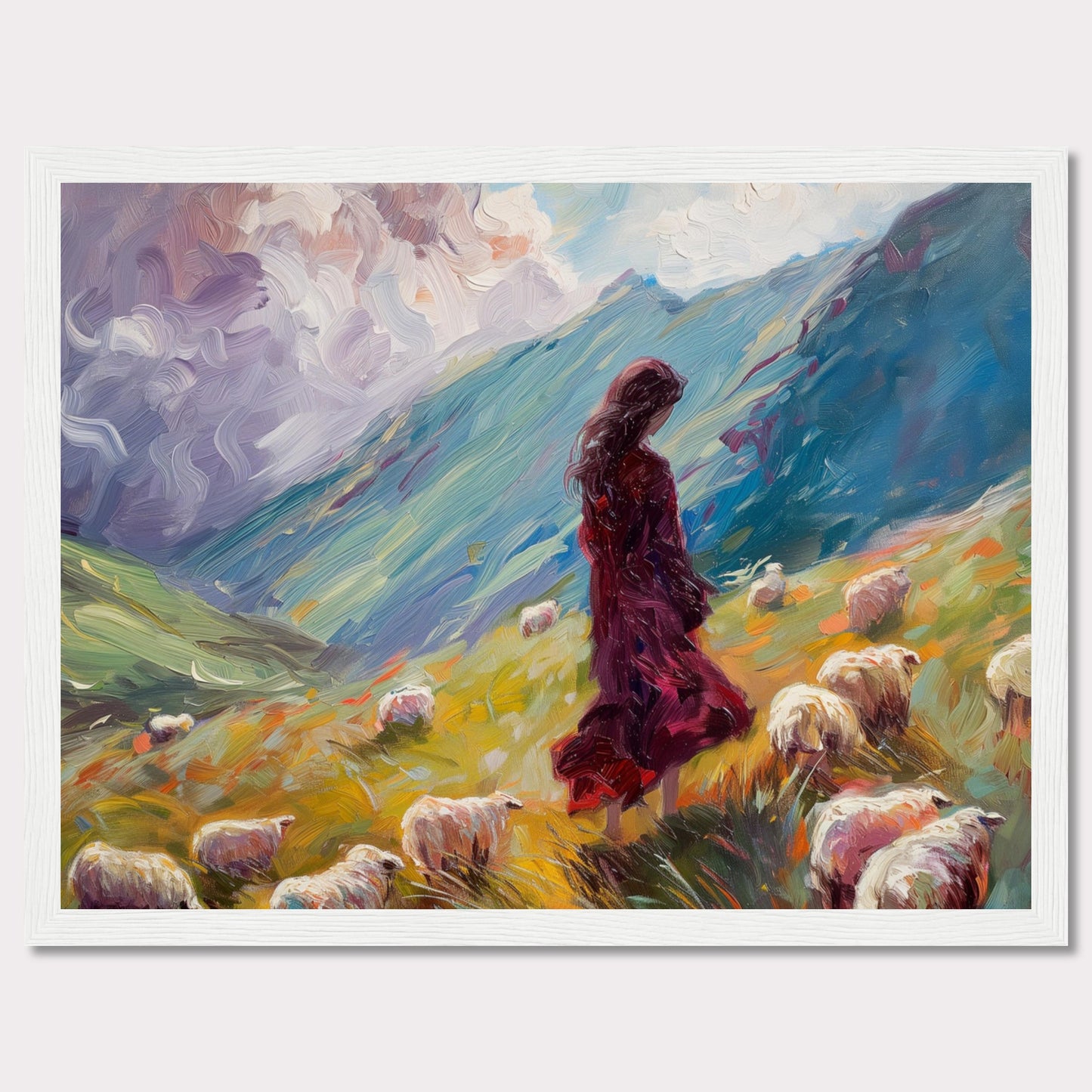 This captivating painting portrays a serene pastoral scene where a woman in a flowing red dress stands amidst a flock of sheep on a vibrant, rolling hillside. The background features dramatic, swirling clouds and lush green mountains, creating a sense of tranquility and connection with nature.