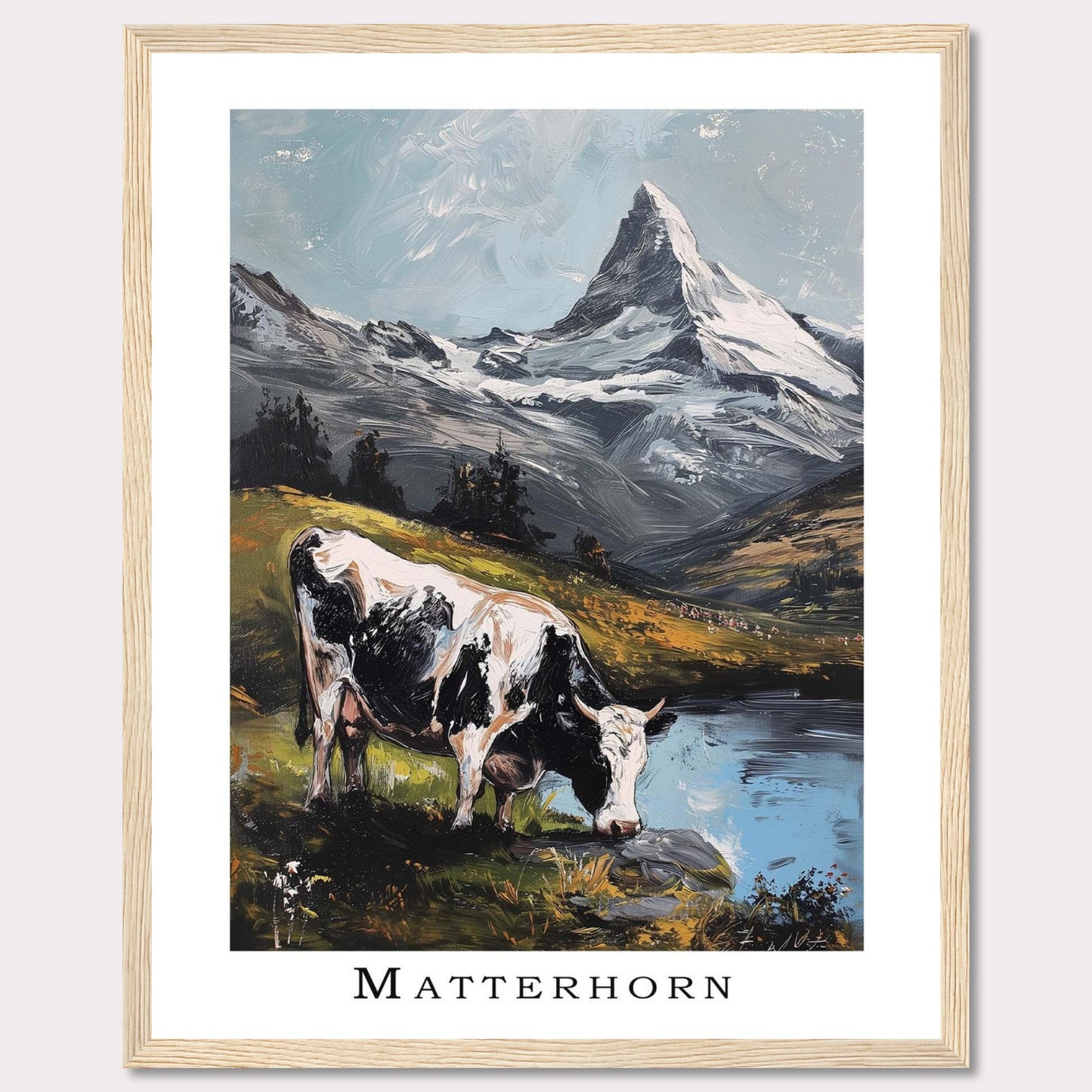 This captivating artwork captures the serene beauty of the Matterhorn with a cow grazing by a tranquil lake in the foreground. The majestic snow-capped peak stands tall against a clear sky, surrounded by lush greenery and reflective waters.