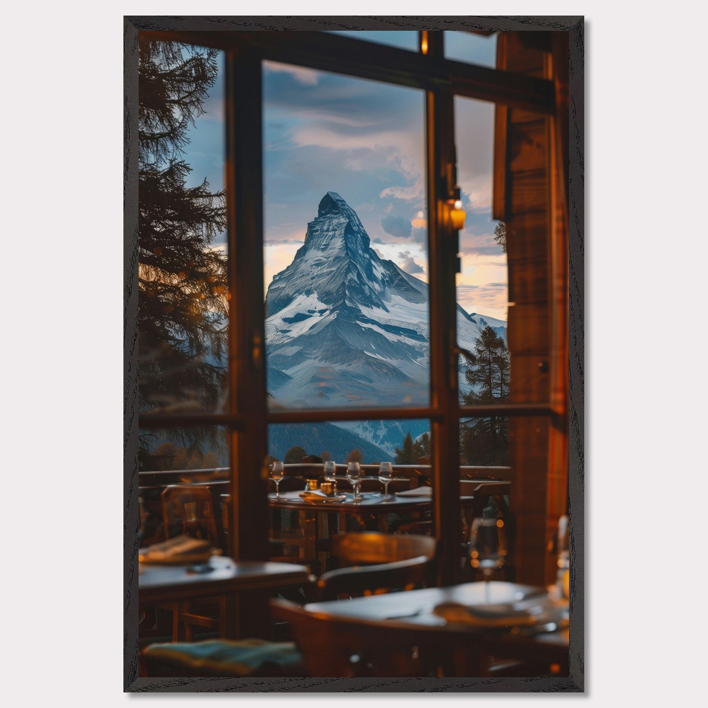 Experience the breathtaking view of a majestic mountain peak through the windows of a cozy restaurant. The scene captures the tranquility and grandeur of nature, inviting you to unwind and savor the moment.