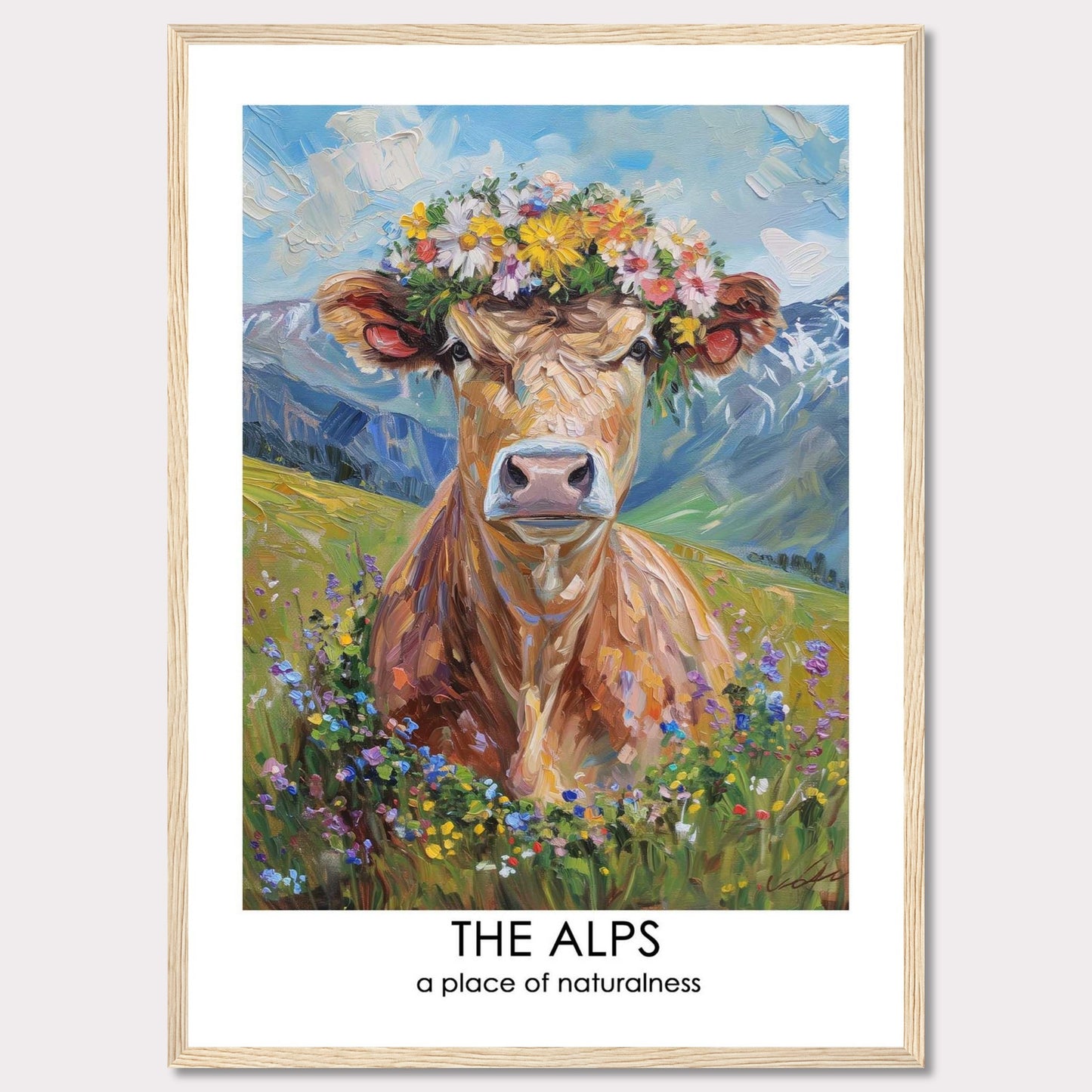 This vibrant artwork depicts a cow adorned with a colorful flower crown, set against the stunning backdrop of the Alps. The painting captures the essence of natural beauty and tranquility.