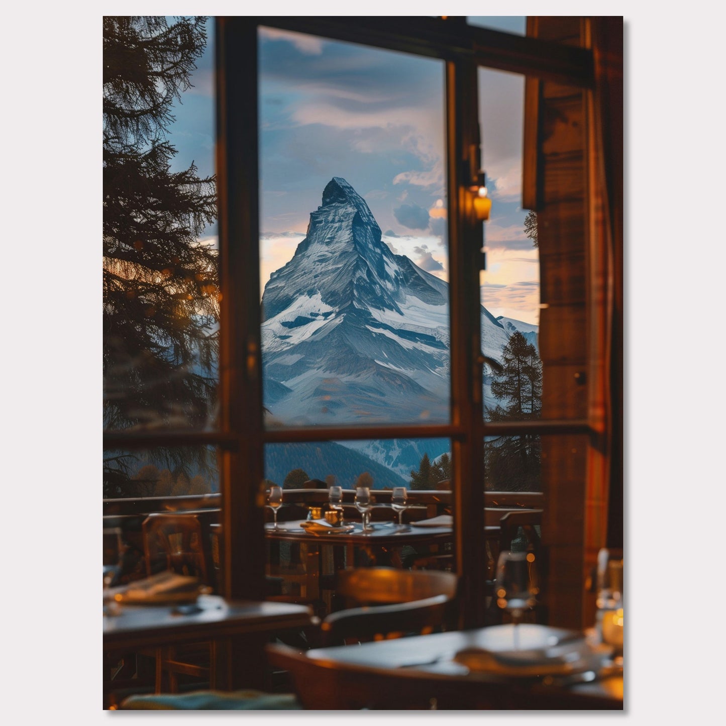 Experience the breathtaking view of a majestic mountain peak through the windows of a cozy restaurant. The scene captures the tranquility and grandeur of nature, inviting you to unwind and savor the moment.