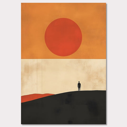 A striking minimalist artwork that conveys a sense of isolation and reflection. A lone figure stands on a hill under an oversized sun, evoking themes of wanderlust, contemplation, and the vastness of the world. The warm tones and simple composition give it a timeless, meditative feel.