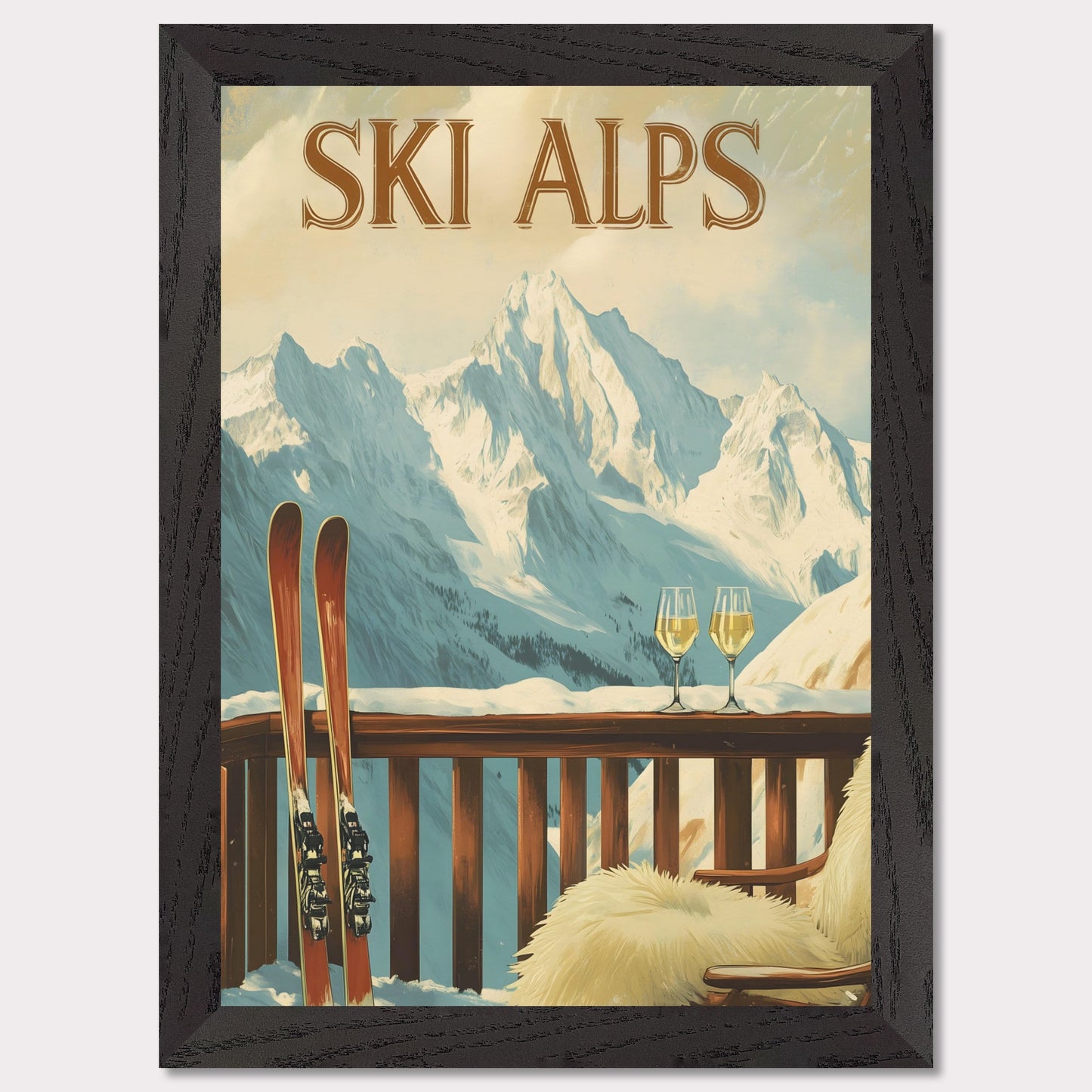 This soothing poster transports you to a tranquil alpine terrace with a breathtaking view of snow-covered peaks. A wooden chair draped in soft fur and paired with two glasses of sparkling wine sets the tone for a peaceful and intimate winter retreat.