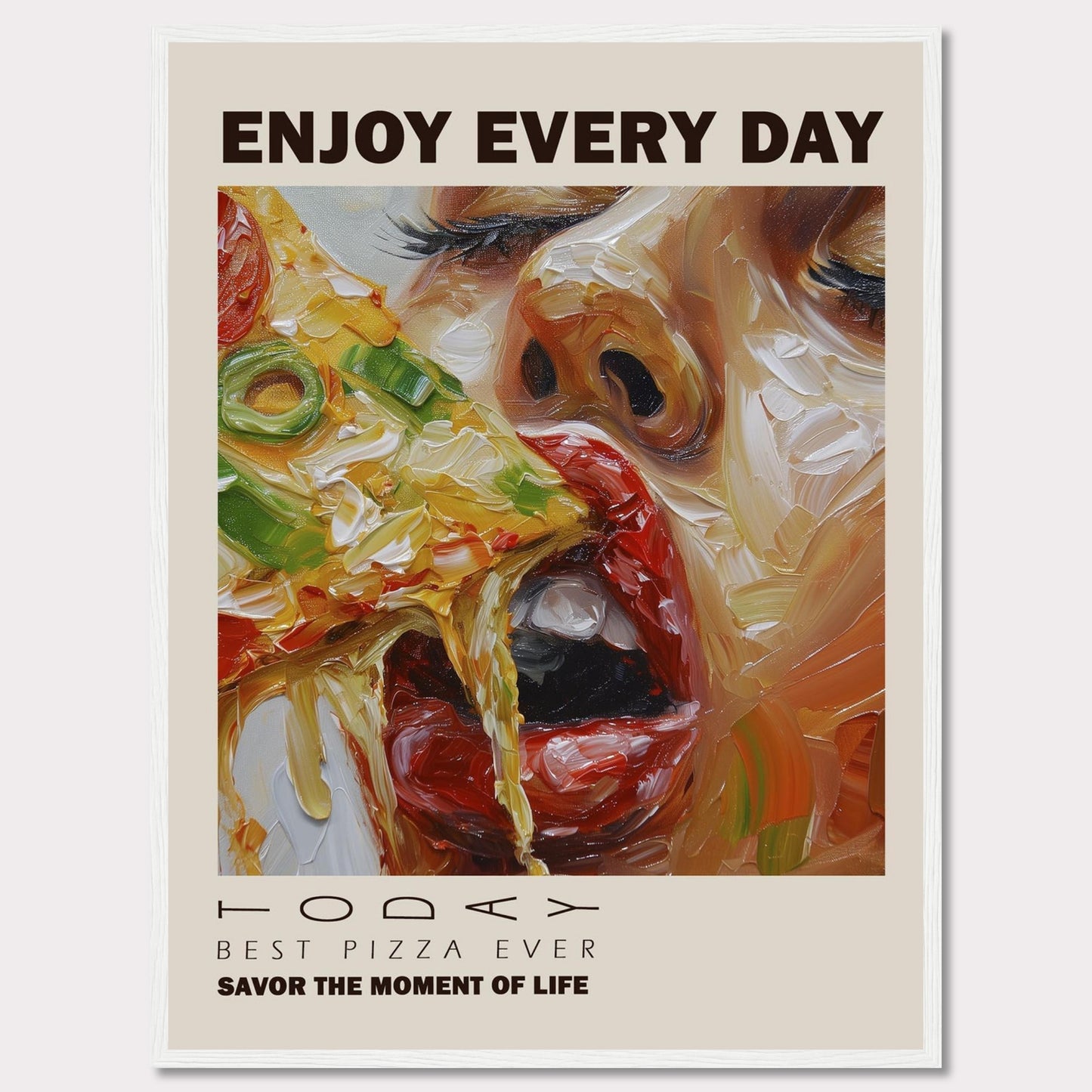 Enjoy a delicious slice of pizza every day with this vibrant and artistic poster. The image showcases a close-up of a person savoring a cheesy, vegetable-topped pizza slice.