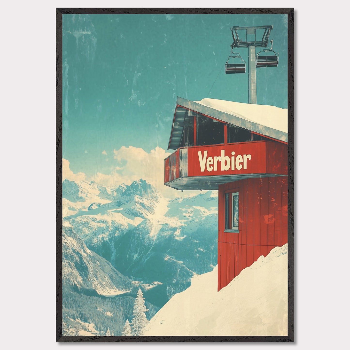 This vintage-inspired poster showcases a modern gondola station perched high above Verbier’s slopes. The gondola’s red cabin stands out against the pristine white snow, with majestic alpine peaks framing the view. The soft blue sky, accented by the vintage design, gives a timeless quality to the image. The simplicity and elegance of the gondola station invite viewers to imagine their own journey up the mountain, surrounded by the beauty of the Swiss Alps.