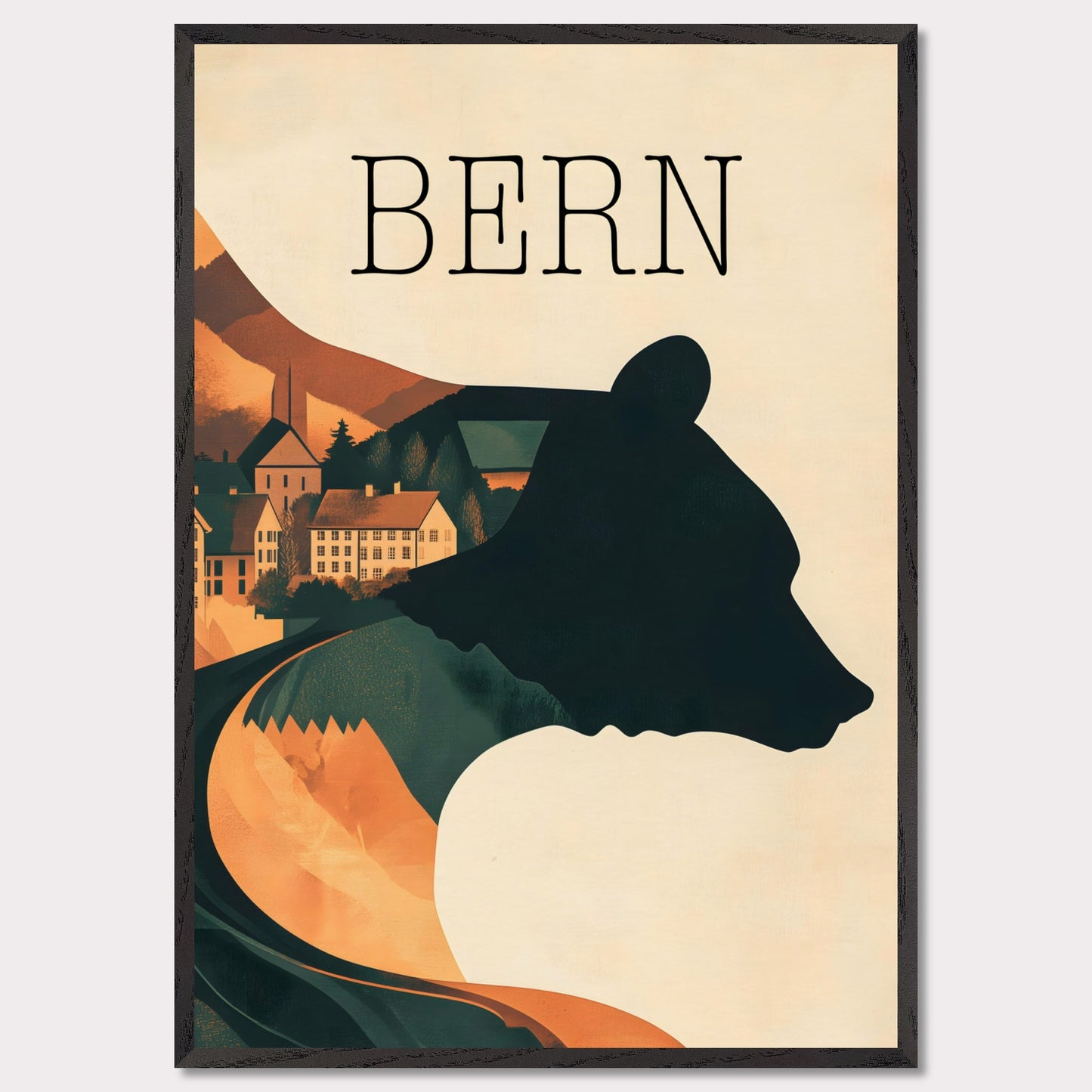 This minimalist travel poster captures the essence of Bern, Switzerland, with a flowing river winding through the city's historic heart. The design highlights the city's iconic medieval architecture, framed by the serene natural surroundings. The soft, muted tones evoke a sense of nostalgia and tranquility, making it a perfect representation of Bern’s timeless beauty.