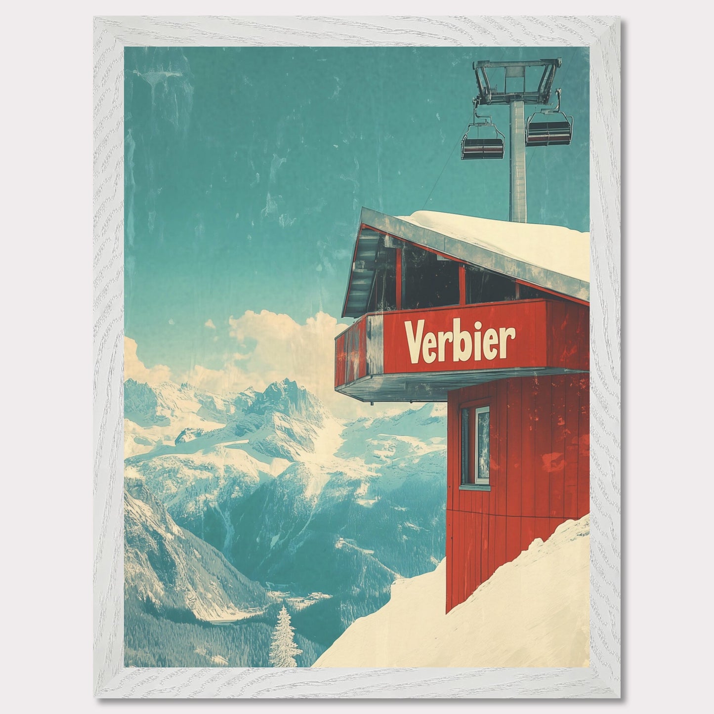 This vintage-inspired poster showcases a modern gondola station perched high above Verbier’s slopes. The gondola’s red cabin stands out against the pristine white snow, with majestic alpine peaks framing the view. The soft blue sky, accented by the vintage design, gives a timeless quality to the image. The simplicity and elegance of the gondola station invite viewers to imagine their own journey up the mountain, surrounded by the beauty of the Swiss Alps.