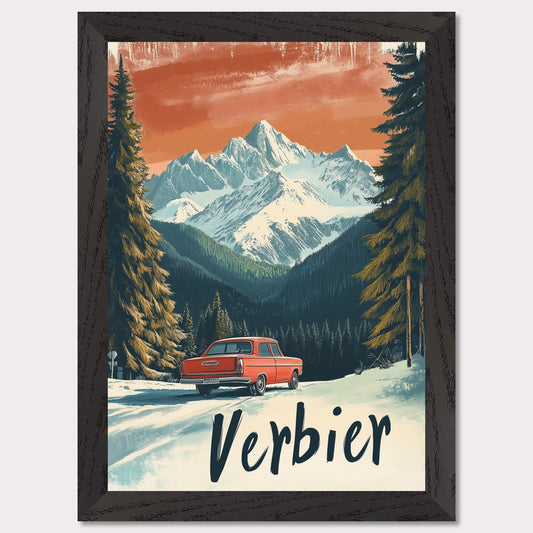 This striking retro-style poster depicts a vintage car driving through a snowy mountain landscape in Verbier. The red car stands out against the backdrop of majestic, snow-covered peaks and towering trees, with the warm orange hues of the sky adding to the nostalgic vibe. The vintage typography and artistic style evoke the allure of road trips through the Swiss Alps, offering a sense of freedom and adventure in a winter wonderland.