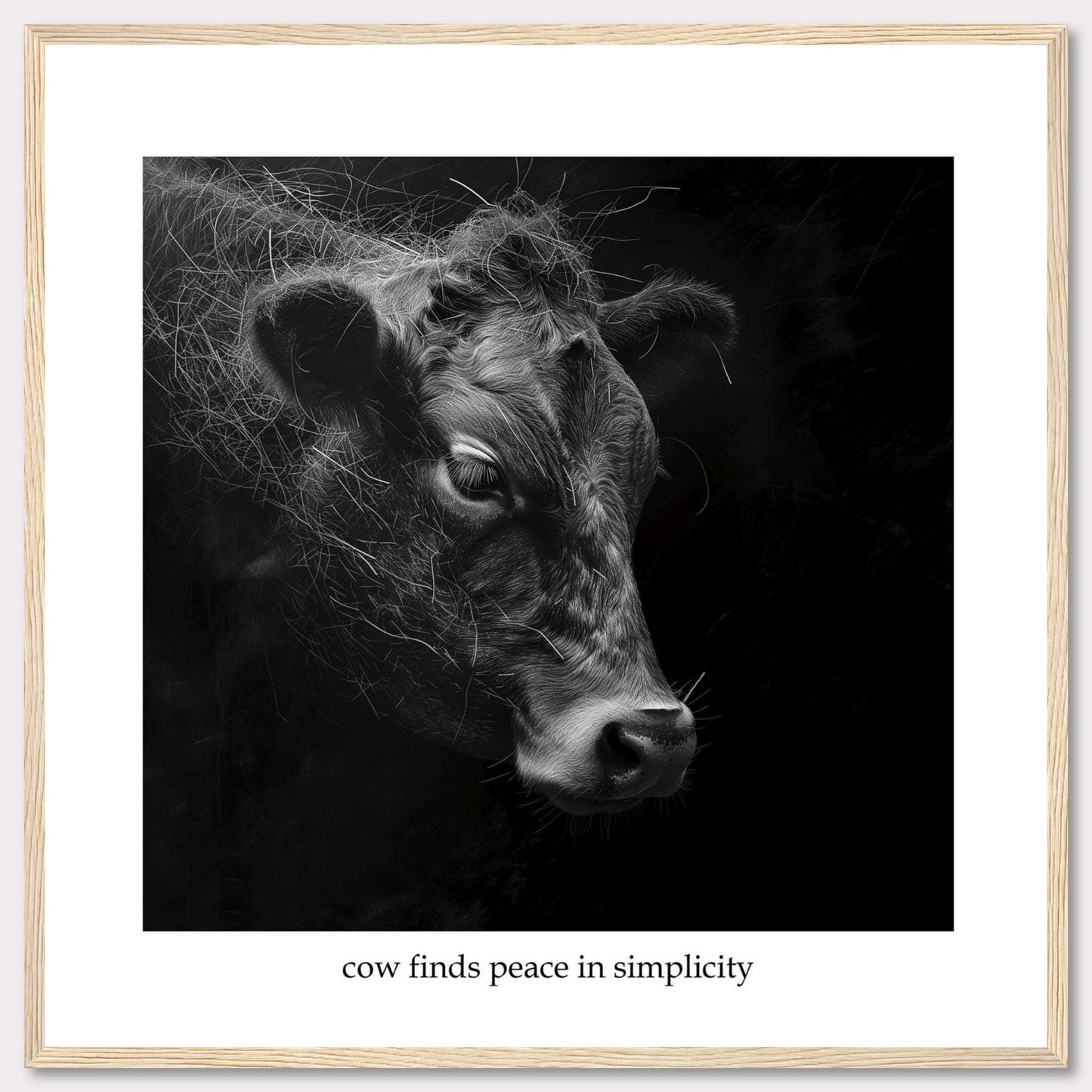 This image features a serene black and white portrait of a cow, captured in a moment of tranquility. The cow's detailed fur and calm expression are highlighted against a dark background, emphasizing its peaceful demeanor. The photograph is framed with a simple black border and includes the caption "cow finds peace in simplicity" at the bottom.