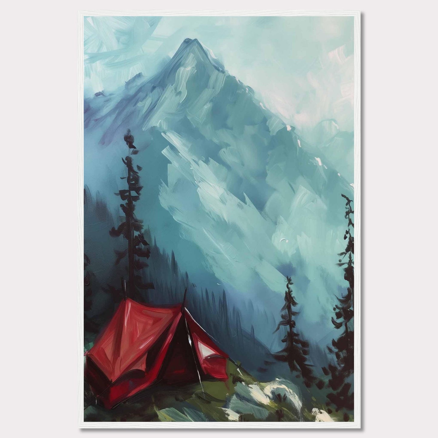 This captivating painting depicts a serene mountain landscape with a vibrant red tent pitched among tall pine trees. The majestic mountain in the background is shrouded in mist, adding a sense of mystery and tranquility to the scene. The contrast between the bold red tent and the cool blue tones of the mountain creates a striking visual effect.