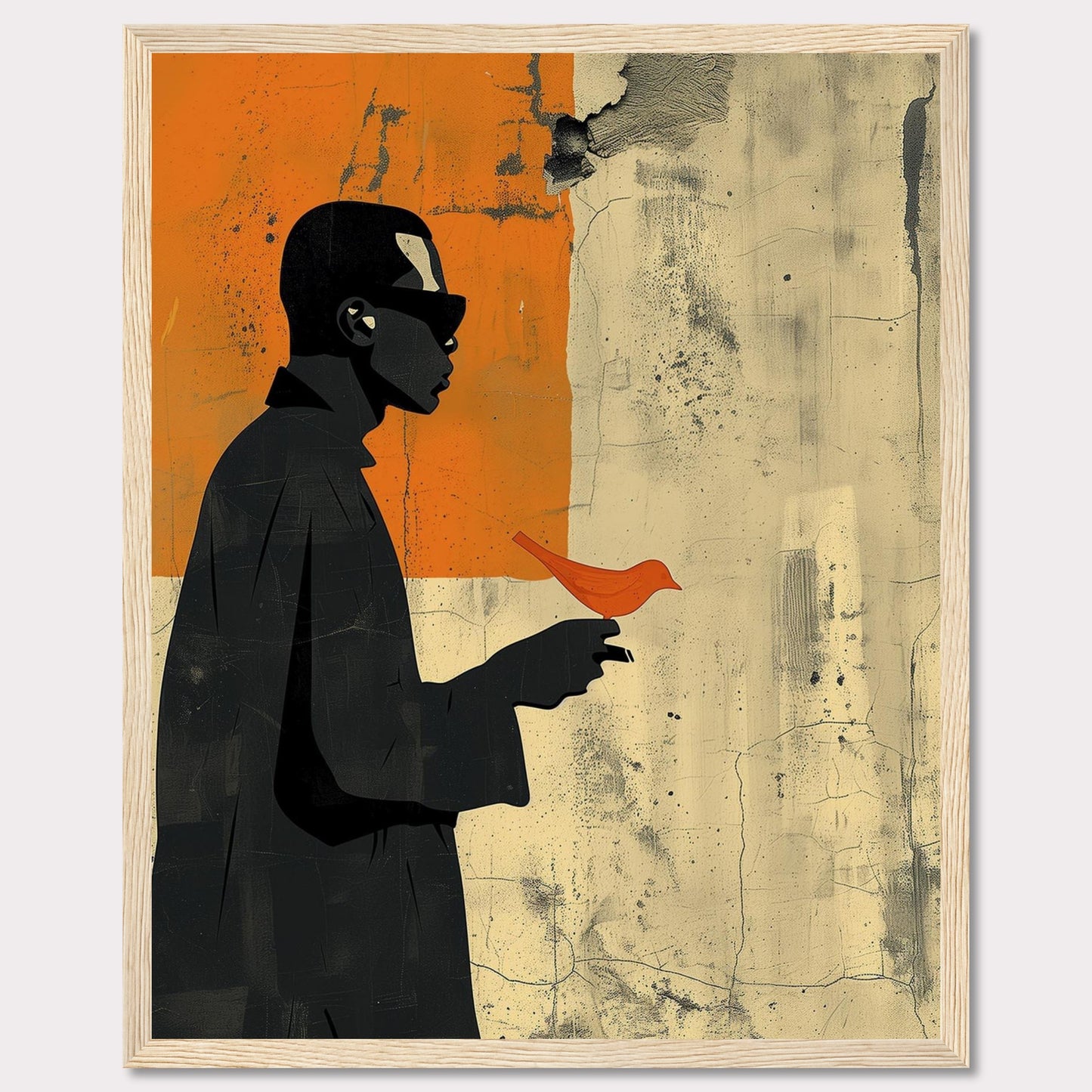 This striking artwork features a silhouette of a person holding a vibrant orange bird against a textured, abstract background. The contrast between the dark figure and the bright bird creates a powerful visual impact.