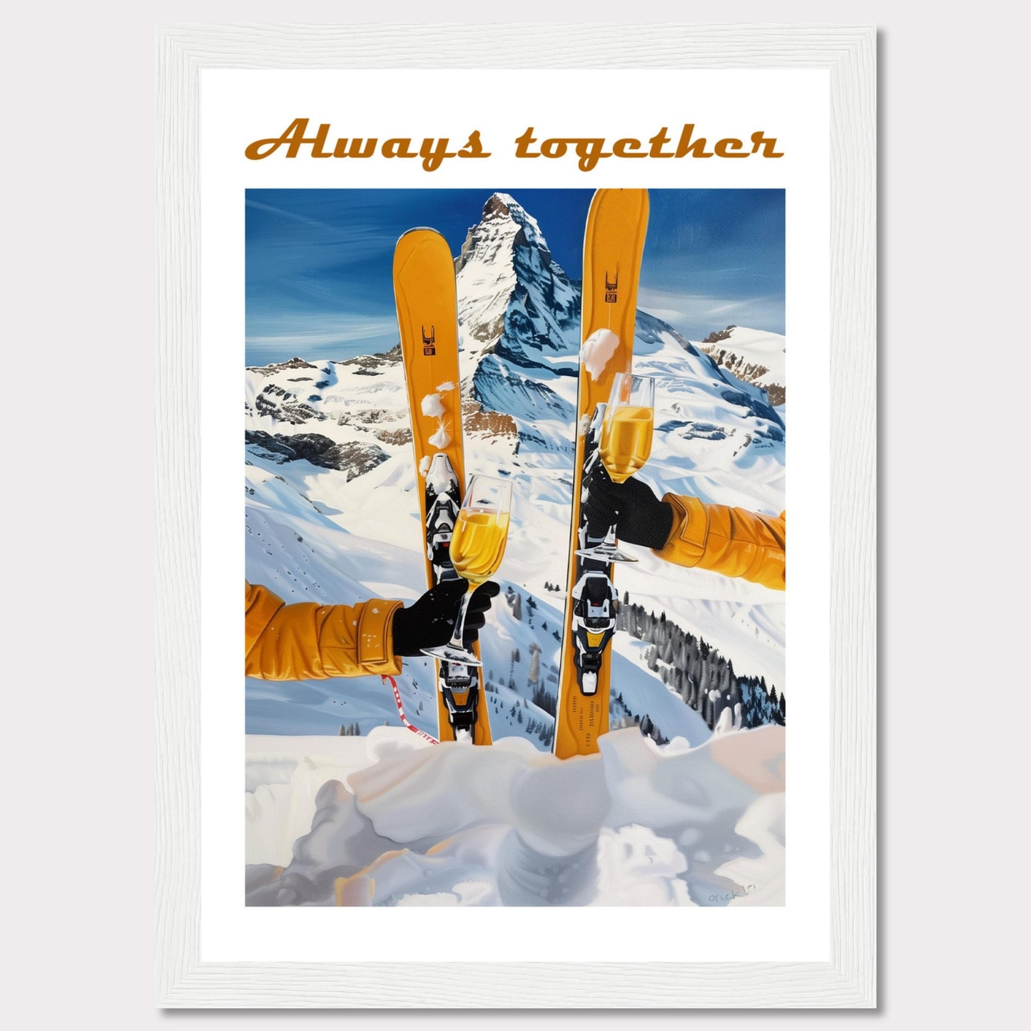 This image showcases a picturesque winter scene with two skiers celebrating on a snowy mountain. The central focus is on the skis and champagne glasses, symbolizing a joyous moment shared together.