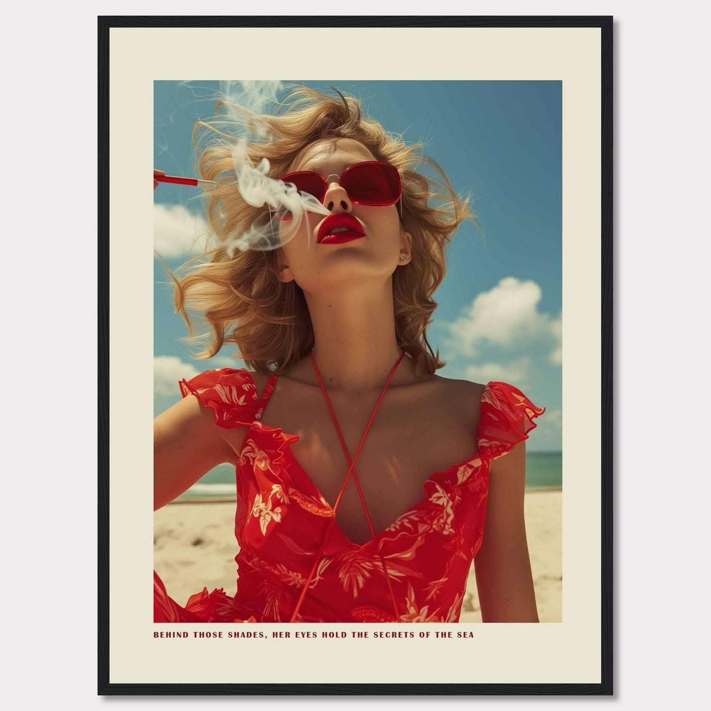 This striking image features a woman in a vibrant red dress and matching sunglasses, exuding confidence and mystery. The ocean and sky form the serene backdrop, while smoke adds an air of intrigue. The caption reads, "BEHIND THOSE SHADES, HER EYES HOLD THE SECRETS OF THE SEA."