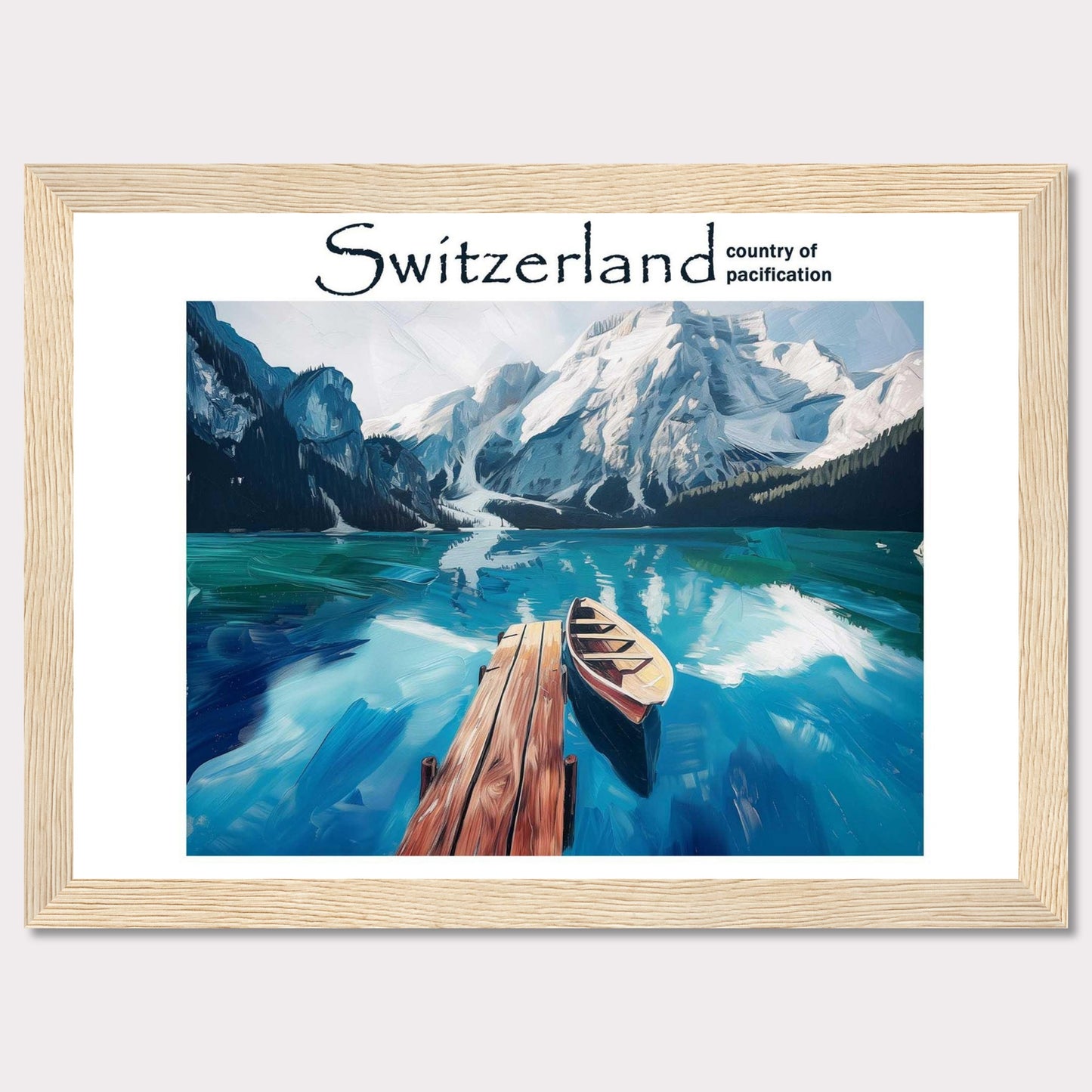 This image showcases a serene lake in Switzerland, surrounded by majestic snow-capped mountains. A wooden dock extends into the calm, reflective waters, where a lone boat is moored. The scene is tranquil and inviting, epitomizing the peacefulness of the Swiss landscape.