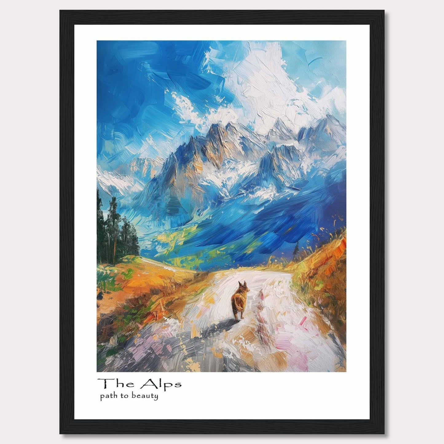 This painting captures the breathtaking beauty of the Alps with vibrant colors and dynamic brushstrokes. A lone hiker walks along a winding path, surrounded by majestic mountains under a bright blue sky.