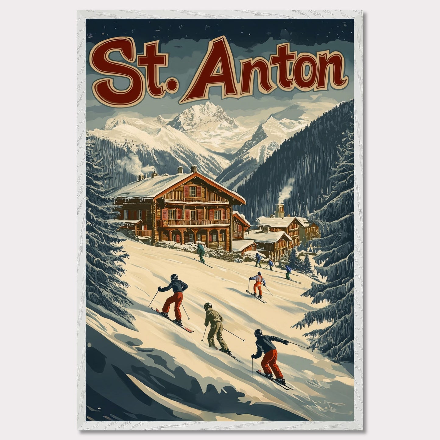 This minimalist yet striking poster captures the essence of St. Anton's alpine charm through its dynamic composition and vintage-inspired design. At the heart of the image is a group of skiers gracefully descending the snowy slopes, framed by towering evergreens and a cozy wooden chalet. The vibrant yet balanced color palette enhances the lively appeal, blending a sense of adventure and winter serenity.