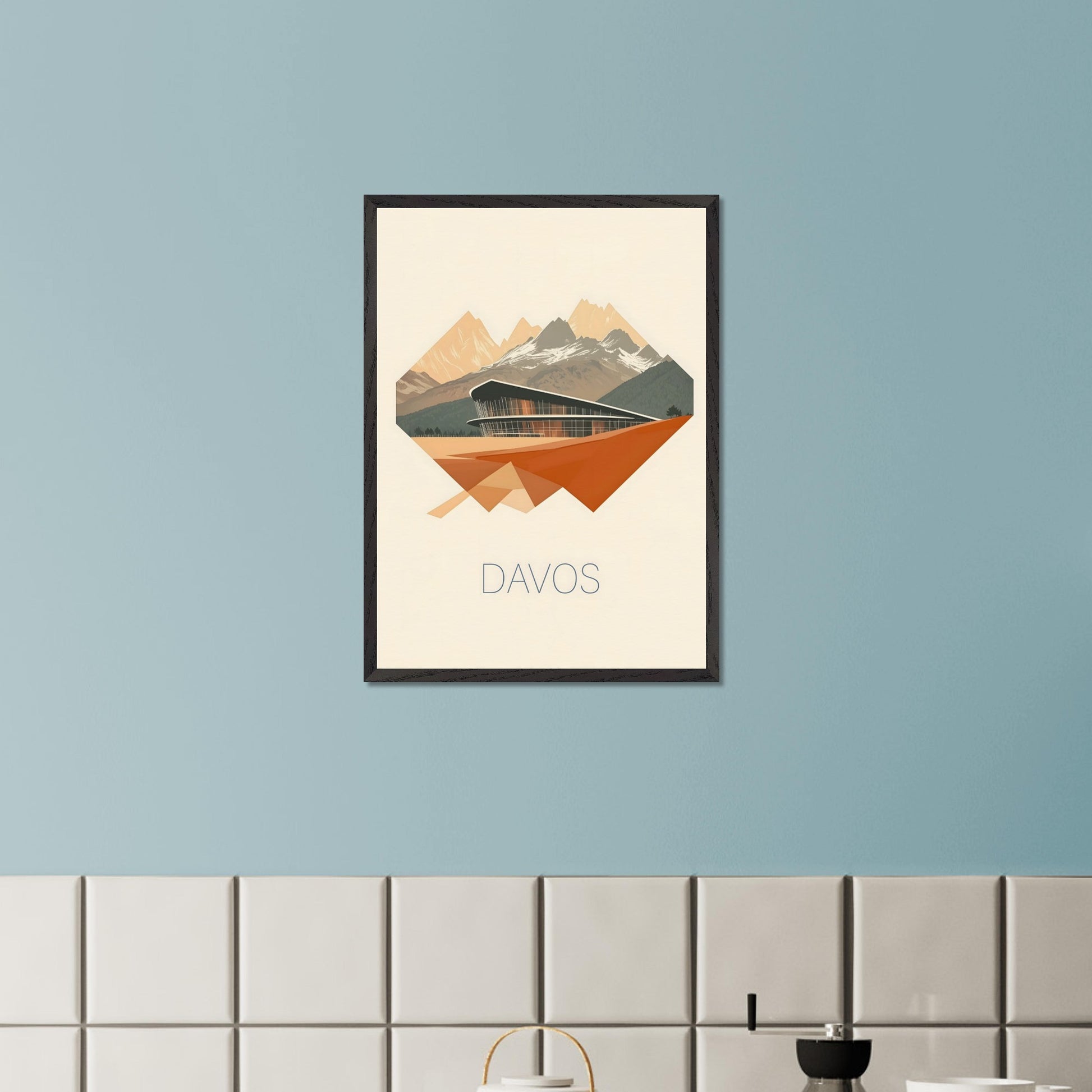 A visually striking poster featuring Davos’ futuristic architecture, integrated into an angular, geometric design. The sharp lines and warm earth tones contrast with the cool mountain backdrop, creating a bold, dynamic effect.