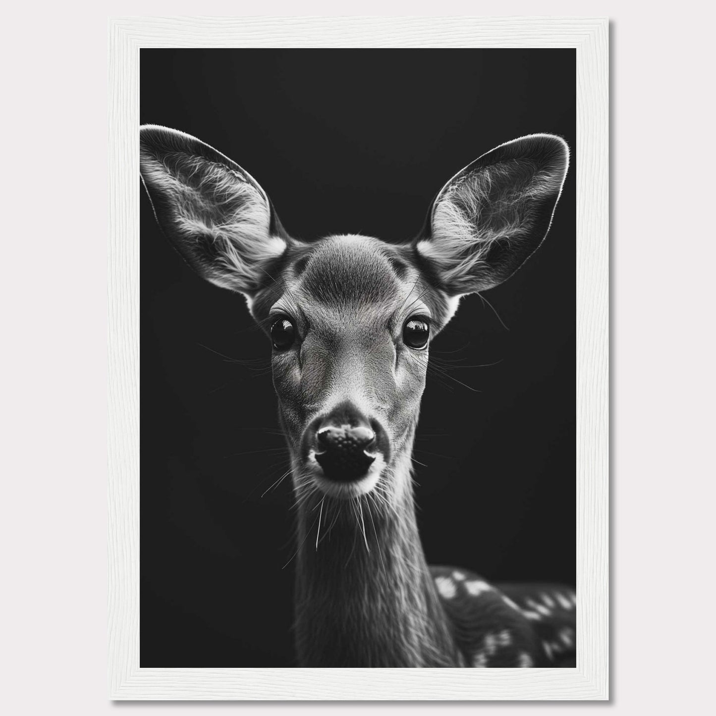 This captivating black and white photograph features a close-up of a young deer, highlighting its delicate features and expressive eyes. The dark background accentuates the deer's soft fur and intricate details, creating a striking contrast that draws the viewer in.