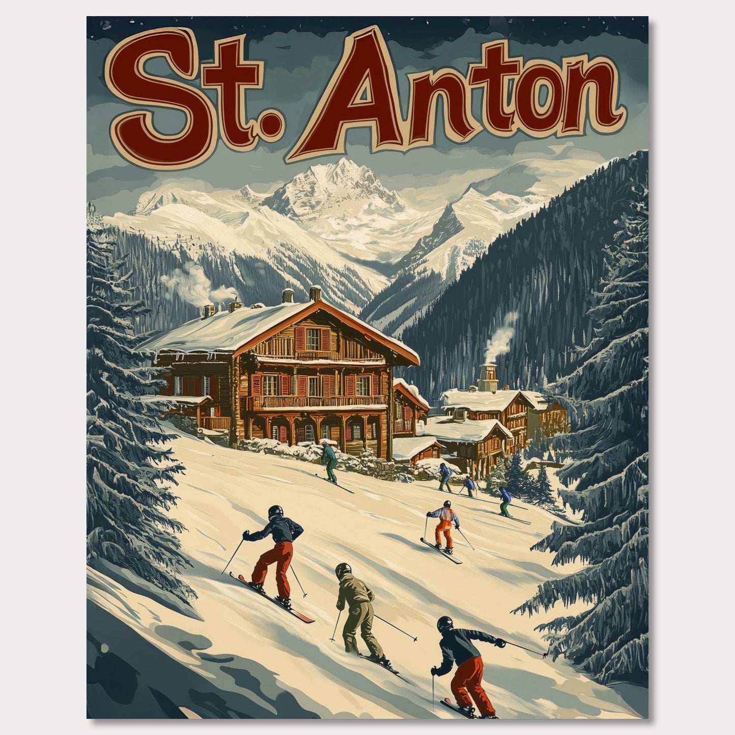 This minimalist yet striking poster captures the essence of St. Anton's alpine charm through its dynamic composition and vintage-inspired design. At the heart of the image is a group of skiers gracefully descending the snowy slopes, framed by towering evergreens and a cozy wooden chalet. The vibrant yet balanced color palette enhances the lively appeal, blending a sense of adventure and winter serenity.