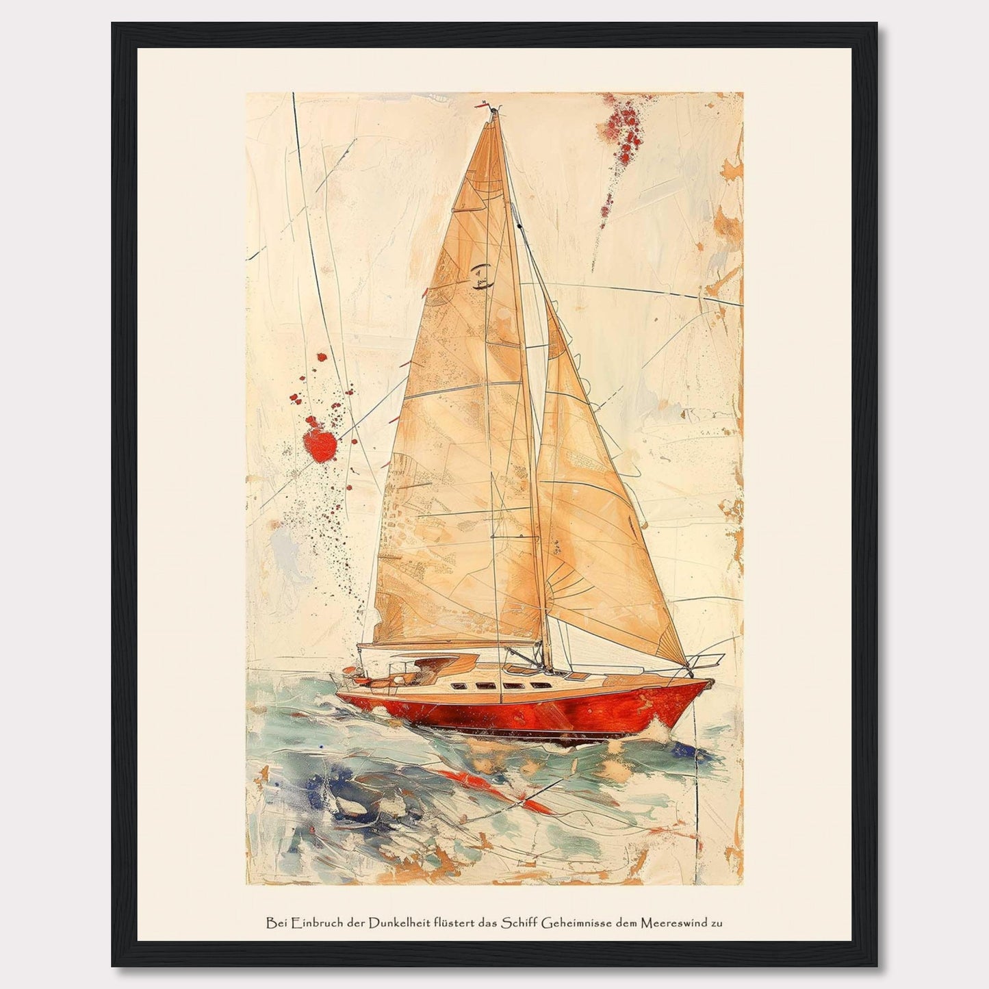 This artwork depicts a stunning sailboat navigating through the ocean with its sails fully unfurled. The painting features a vibrant red boat set against a dynamic background of abstract lines and splashes of color, giving a sense of movement and adventure. The text at the bottom reads: "Bei Einbruch der Dunkelheit flüstert das Schiff Geheimnisse dem Meereswind zu," which translates to "At dusk, the ship whispers secrets to the sea breeze."