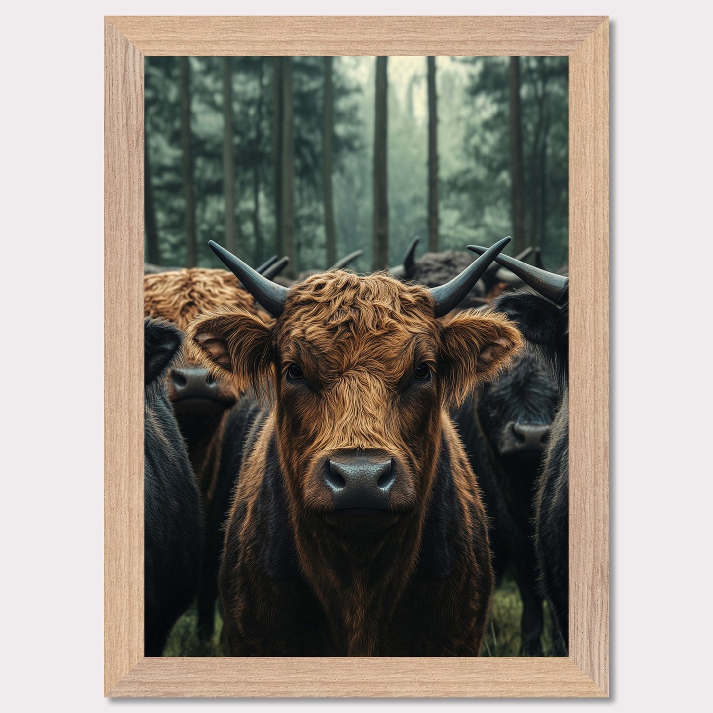 This captivating image features a herd of Highland cattle standing in a misty forest. The central focus is on a brown Highland cow, with its distinctive long horns and shaggy coat, staring directly at the viewer. The background showcases tall trees enveloped in fog, adding a mystical ambiance to the scene.