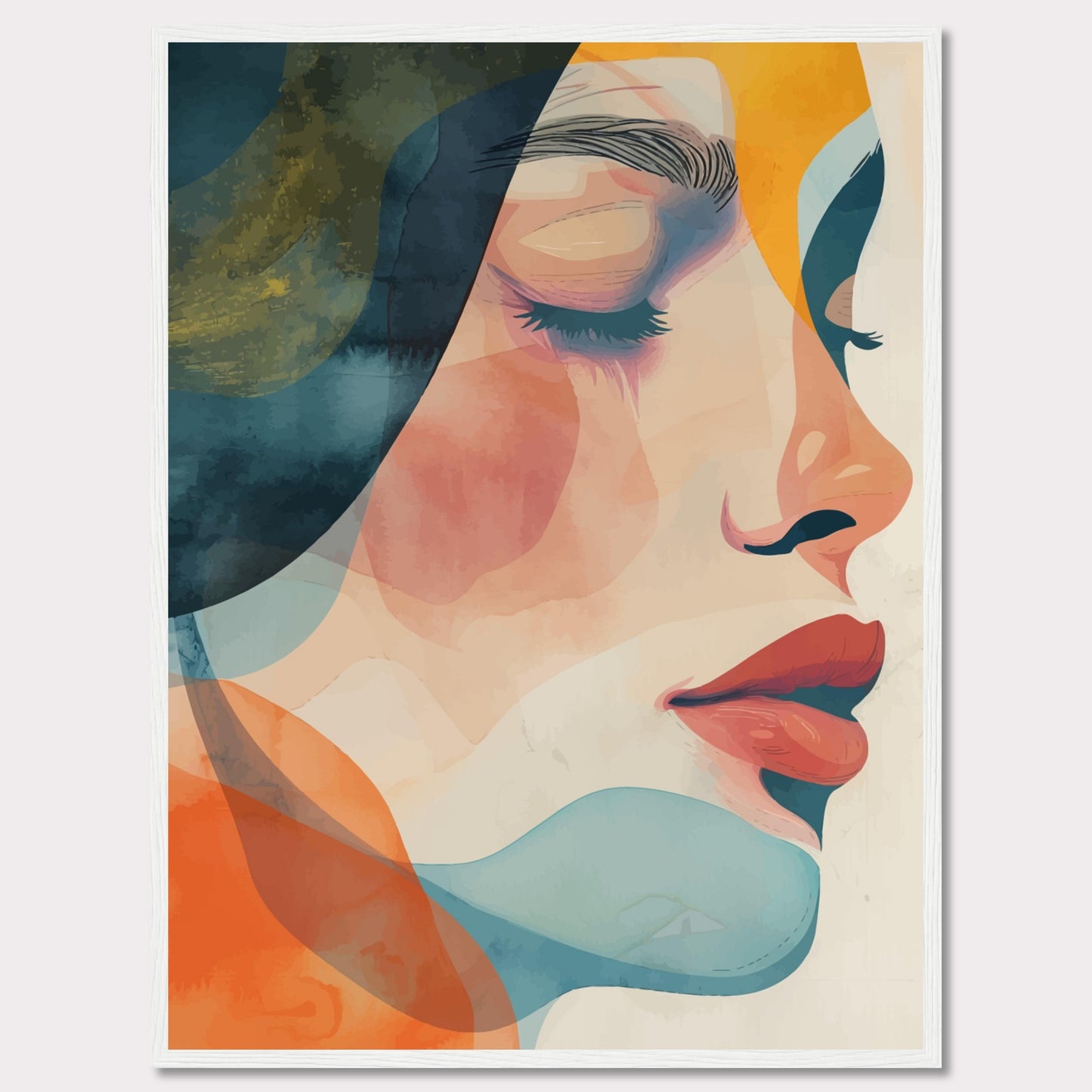 This captivating artwork features a serene profile of a woman's face, rendered in a vibrant mix of abstract colors. The composition highlights her closed eyes and calm expression, evoking a sense of tranquility and introspection.