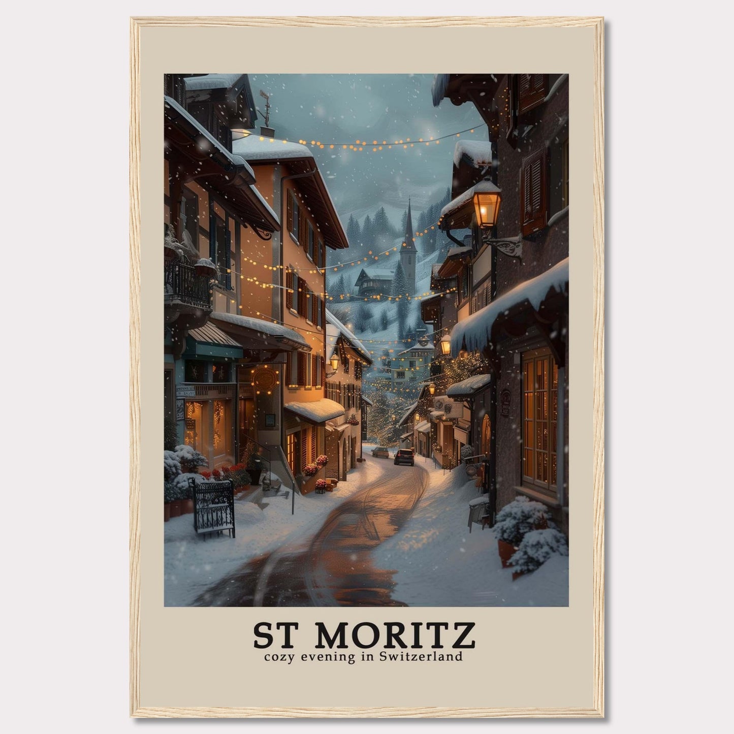 This photo showcases a charming winter evening in St. Moritz, Switzerland. The scene features snow-covered streets adorned with warm, glowing lights, quaint buildings with festive decorations, and a serene, picturesque ambiance.